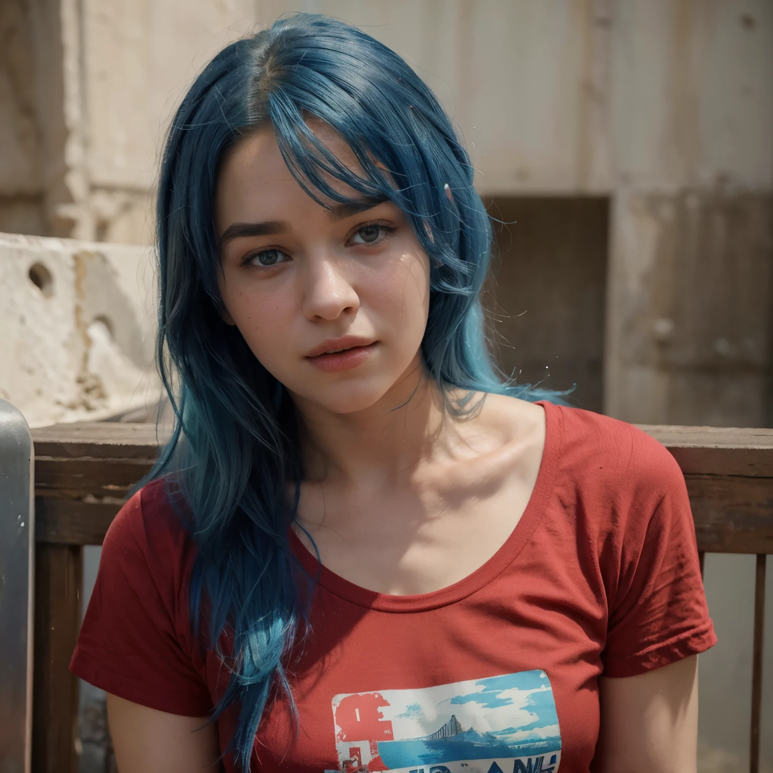 Please create an image of a 21 years old womsn with blue hair in a red t-shirt and make her face look like Emilia Clarke