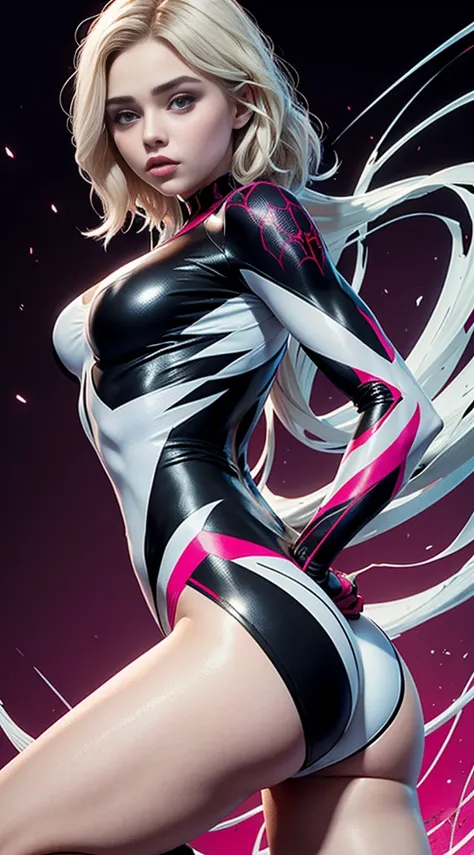 spider gwen, hot, partial , hightquality, dynamic poses, beautiful, gorgeous, in love,short suit, spider in a suit, white black ...