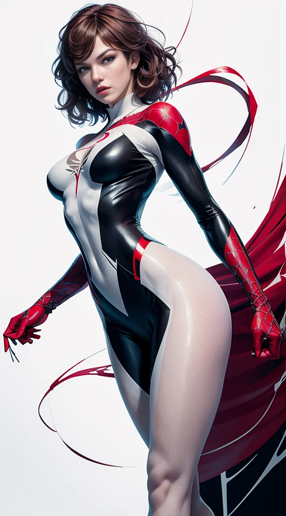 spider gwen, Hot, partial , hightquality, Dynamic Poses, Beautiful, Gorgeous, In love,Short suit, spider in a suit, white black red suit、Milla Jovovich