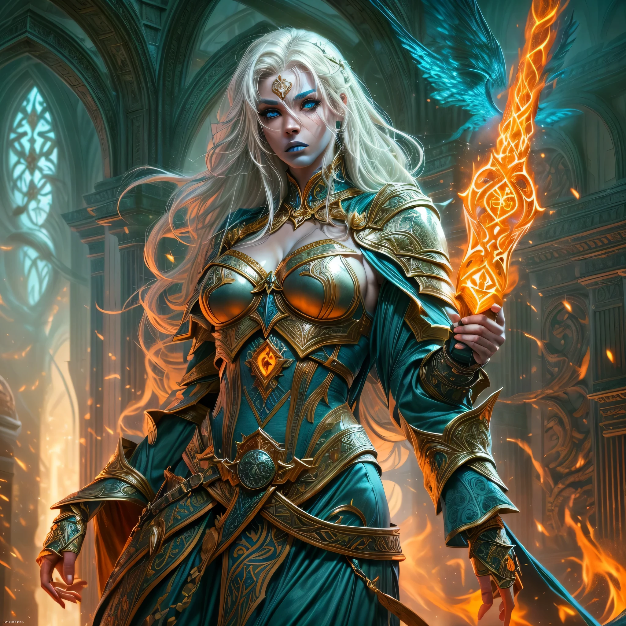 fantasy art, dnd art, RPG art, wide shot, (masterpiece: 1.4) portrait, intense details, highly detailed, photorealistic, best quality, highres, portrait a vedalken female (fantasy art, Masterpiece, best quality: 1.3) ((blue skin: 1.5)), intense details facial details, exquisite beauty, (fantasy art, Masterpiece, best quality) cleric, (blue colored skin: 1.5) 1person blue_skin, blue skinned female, (white hair: 1.3), long hair, intense green eye, fantasy art, Masterpiece, best quality) armed a fiery sword red fire, wearing heavy (white: 1.3) half plate mail armor CM-Beautiful_armor wearing high heeled laced boots, wearing an(orange :1.3) cloak, wearing glowing holy symbol GlowingRunes_yellow, within fantasy temple background, reflection light, high details, best quality, 16k, [ultra detailed], masterpiece, best quality, (extremely detailed), close up, ultra wide shot, photorealistic, RAW, fantasy art, dnd art, fantasy art, realistic art,