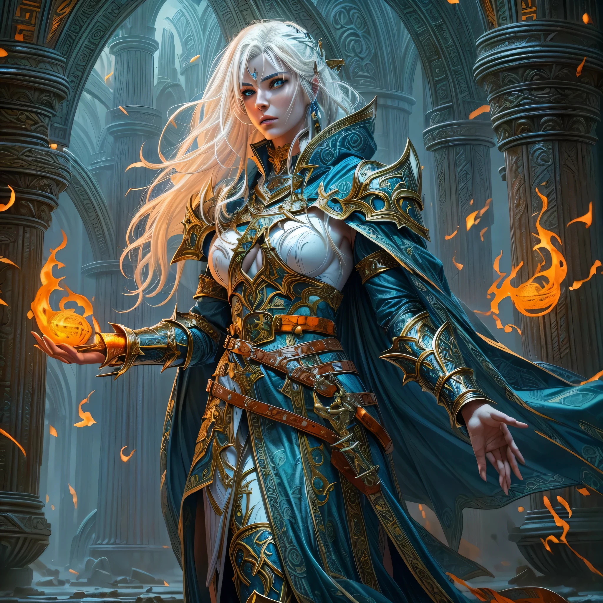 fantasy art, dnd art, RPG art, wide shot, (masterpiece: 1.4) portrait, intense details, highly detailed, photorealistic, best quality, highres, portrait a vedalken female (fantasy art, Masterpiece, best quality: 1.3) ((blue skin: 1.5)), intense details facial details, exquisite beauty, (fantasy art, Masterpiece, best quality) cleric, (blue colored skin: 1.5) 1person blue_skin, blue skinned female, (white hair: 1.3), long hair, intense green eye, fantasy art, Masterpiece, best quality) armed a fiery sword red fire, wearing heavy (white: 1.3) half plate mail armor CM-Beautiful_armor wearing high heeled laced boots, wearing an(orange :1.3) cloak, wearing glowing holy symbol GlowingRunes_yellow, within fantasy temple background, reflection light, high details, best quality, 16k, [ultra detailed], masterpiece, best quality, (extremely detailed), close up, ultra wide shot, photorealistic, RAW, fantasy art, dnd art, fantasy art, realistic art,