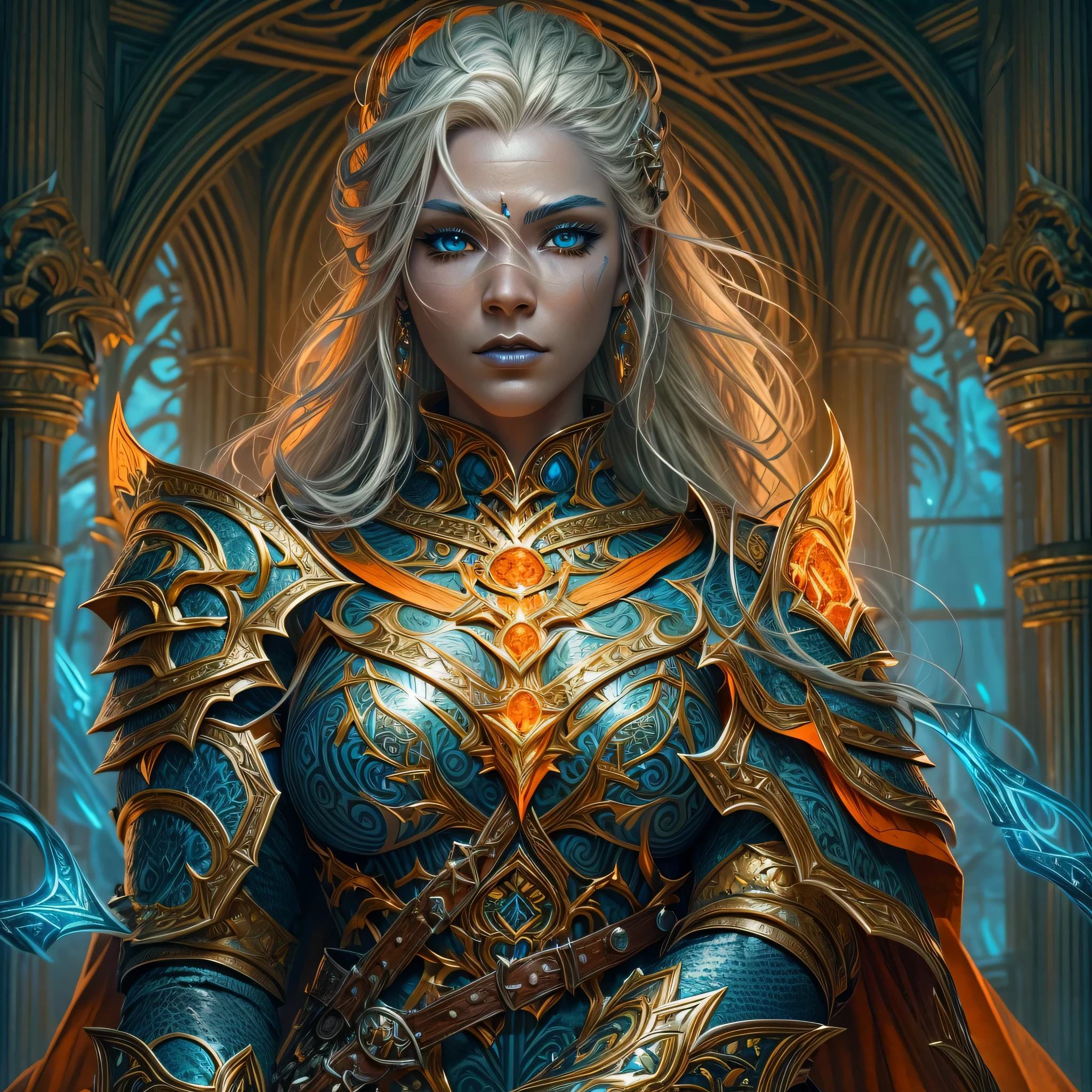 fantasy art, dnd art, RPG art, wide shot, (masterpiece: 1.4) portrait, intense details, highly detailed, photorealistic, best quality, highres, portrait a vedalken female (fantasy art, Masterpiece, best quality: 1.3) ((blue skin: 1.5)), intense details facial details, exquisite beauty, (fantasy art, Masterpiece, best quality) cleric, (blue colored skin: 1.5) 1person blue_skin, blue skinned female, (white hair: 1.3), long hair, intense green eye, fantasy art, Masterpiece, best quality) armed a fiery sword red fire, wearing heavy (white: 1.3) half plate mail armor CM-Beautiful_armor wearing high heeled laced boots, wearing an(orange :1.3) cloak, wearing glowing holy symbol GlowingRunes_yellow, within fantasy temple background, reflection light, high details, best quality, 16k, [ultra detailed], masterpiece, best quality, (extremely detailed), close up, ultra wide shot, photorealistic, RAW, fantasy art, dnd art, fantasy art, realistic art,