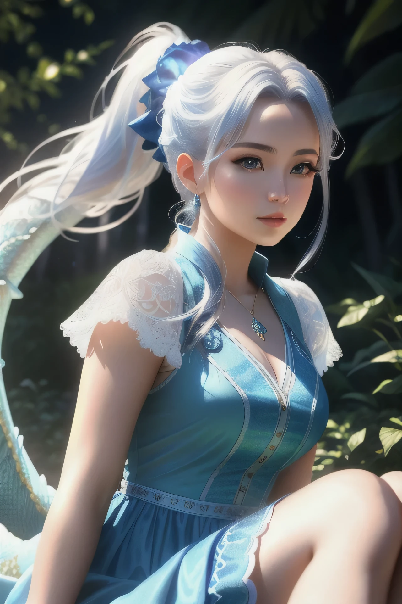 masterpiece, ultra detailed photography of a gorgeous humanoid dragon male, 1girl, (((21 year old girl))), perfectly drawn face, wearing a cute blue summer dress, 8k resolution, photorealistic, ultra-high quality, opulent detailed background, 32k, long white hair, messy ponytail, full lips, curvy guy, perfect anatomy, cinematic lighting, intricately detailed, white tetradic color, volumetric lighting