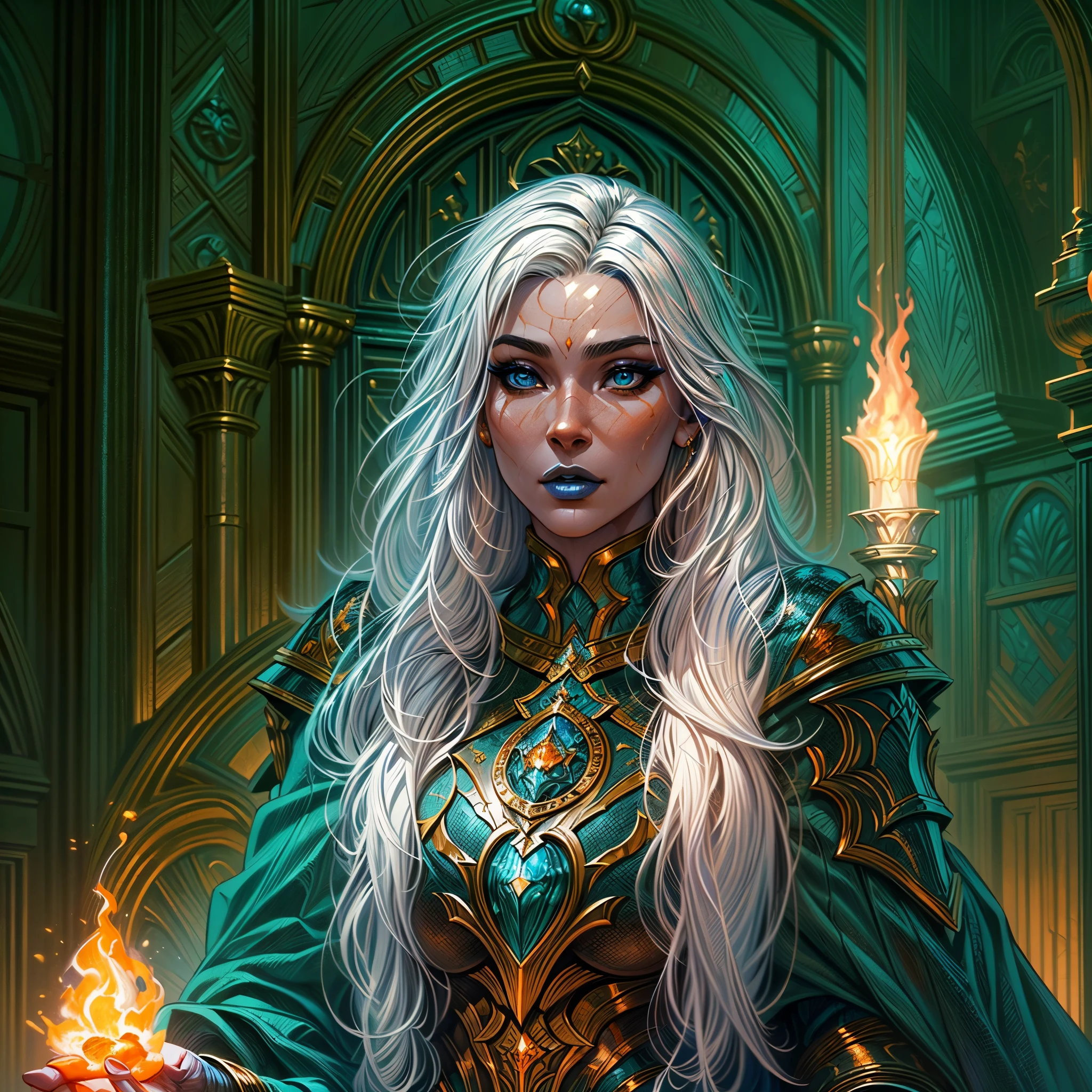 fantasy art, dnd art, RPG art, wide shot, (masterpiece: 1.4) portrait, intense details, highly detailed, photorealistic, best quality, highres, portrait a vedalken female (fantasy art, Masterpiece, best quality: 1.3) ((blue skin: 1.5)), intense details facial details, exquisite beauty, (fantasy art, Masterpiece, best quality) cleric, (blue colored skin: 1.5) 1person blue_skin, blue skinned female, (white hair: 1.3), long hair, intense green eye, fantasy art, Masterpiece, best quality) armed a fiery sword red fire, wearing heavy (white: 1.3) half plate mail armor CM-Beautiful_armor wearing high heeled laced boots, wearing an(orange :1.3) cloak, wearing glowing holy symbol, within fantasy temple background, reflection light, high details, best quality, 16k, [ultra detailed], masterpiece, best quality, (extremely detailed), close up, ultra wide shot, photorealistic, RAW, fantasy art, dnd art, fantasy art, realistic art,