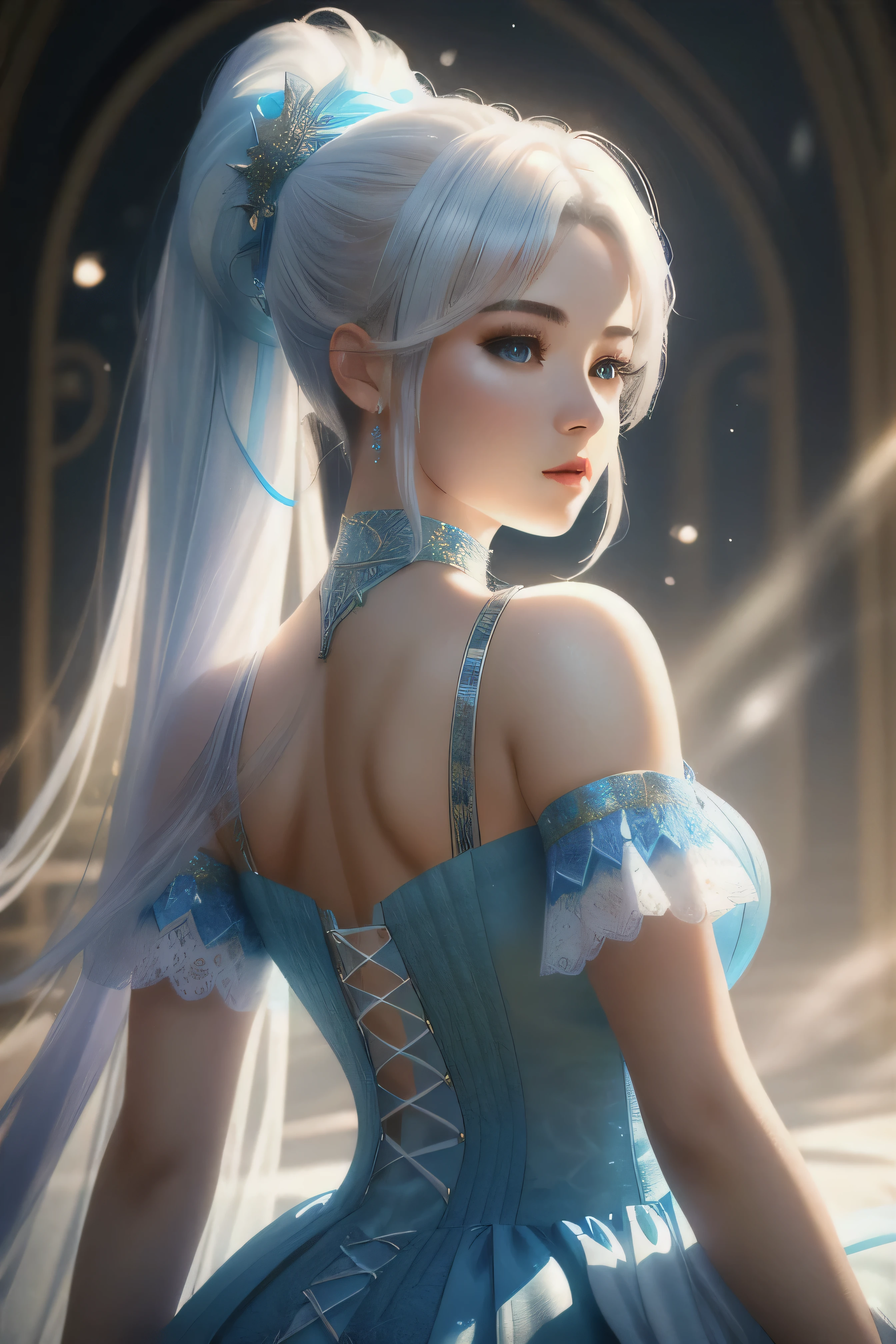 masterpiece, ultra detailed photography of a gorgeous humanoid dragon male, 1girl, (((21 year old girl))), perfectly drawn face, wearing a cute blue summer dress, 8k resolution, photorealistic, ultra-high quality, opulent detailed background, 32k, long white hair, messy ponytail, full lips, curvy guy, perfect anatomy, cinematic lighting, intricately detailed, white tetradic color, volumetric lighting