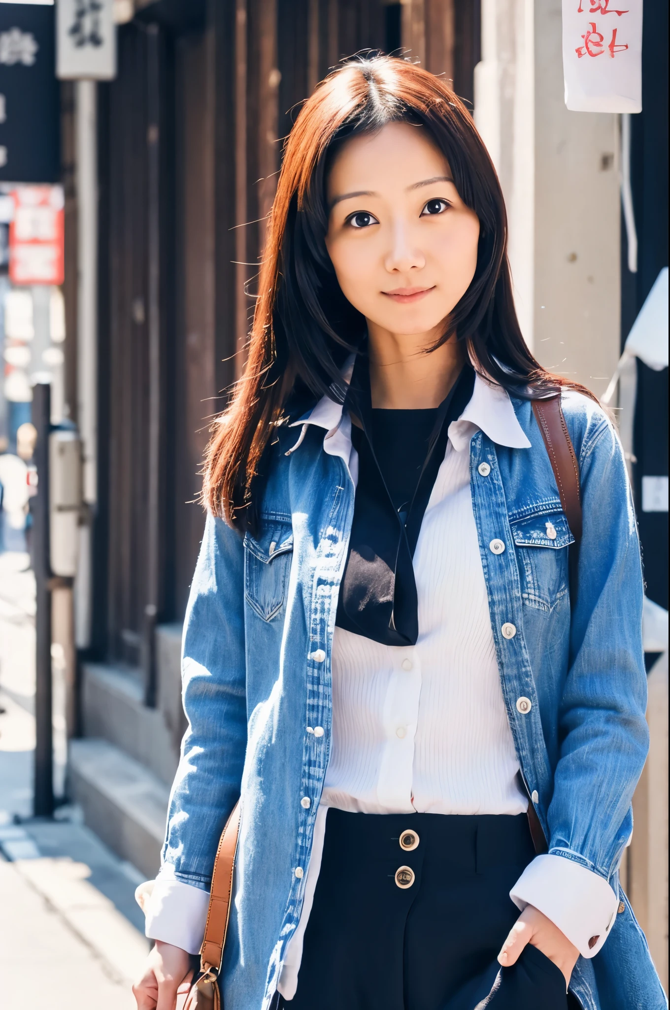 (High reality photograph, high resolusion photograph, super detailed face, detailed eyes) Skinny Japanese lady, 40 years old, cute face, various face expression, black long hair, skinny figure, very small breasts, very thin waist, various casual clothes, on a street in Kyoto, full-body photo, alone in a photo