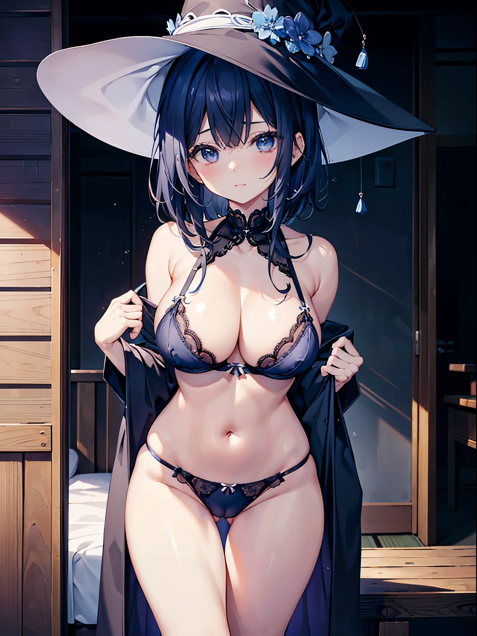 This is a Japanese observatory、Woman in underwear wearing a large black witch hat with sapphire accessories、She wears a shameless blue bra with white lace、She is wearing sexy blue panties that show her pubic hair、R-18 、erotic manga、erotic illustration、adult doujinshi、They have pubic hair growing on their thighs.、underhair、A woman with a good amount of flesh、Short dark blue loose lob hair、huge tit、爆乳、超huge tit、Super burst breasts、Too big milk、Pubic hair is sticking out from the hem of the panties、Pubic hair that doesn't fit in panties、Underhair protruding from panties、3/4 Cup Bra、publichair、Public hair is growing in Tanda、underhair on the lower abdomen