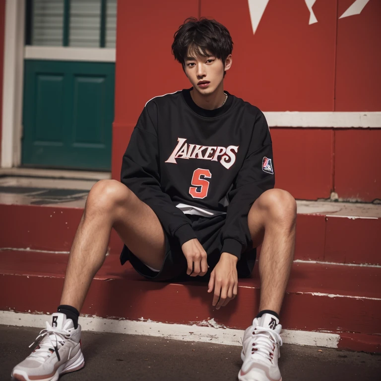 1 Korean Youth,male people,20yr old,tall,Height 180 cm,Hair is medium length,Red sweatshirt,black long pants,high top nike basketball shoes,White sport socks,Sit on the basketball court,Point to shoes,8K anime,POV perspective,arrogant,Cold,looks into camera