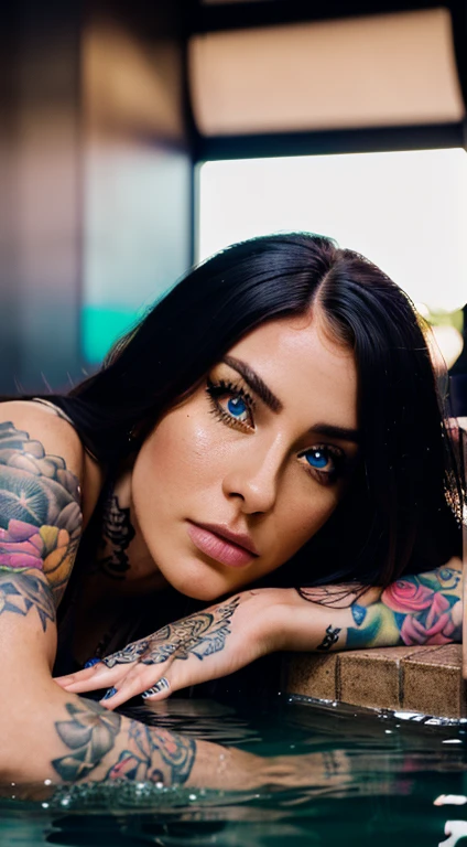 (best quality,realistic:1.37,highres,ultra-detailed),(HDR,UHD),(professional,vivid colors),(portrait),tattooed woman, jacuza style tattoo,beautiful eyes,meticulously detailed facial features,long hair,tattooed arms and legs,expressive pose,studio lighting,colored background,masterpiece:1.2