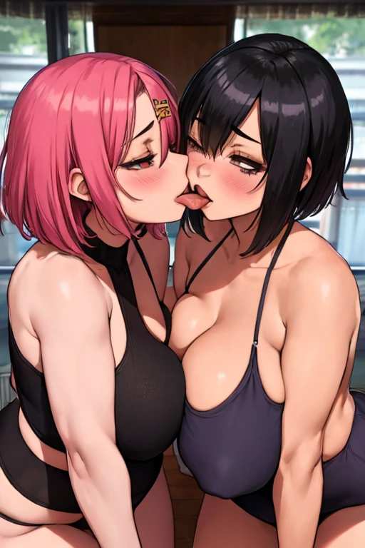masutepiece,best qualtiy,1girl in,the kiss_tonguetongue,blush,tongue、twogirls、lick together、Girls facing each other、抱き合いながらthe kiss、huge tit、black hair shorthair