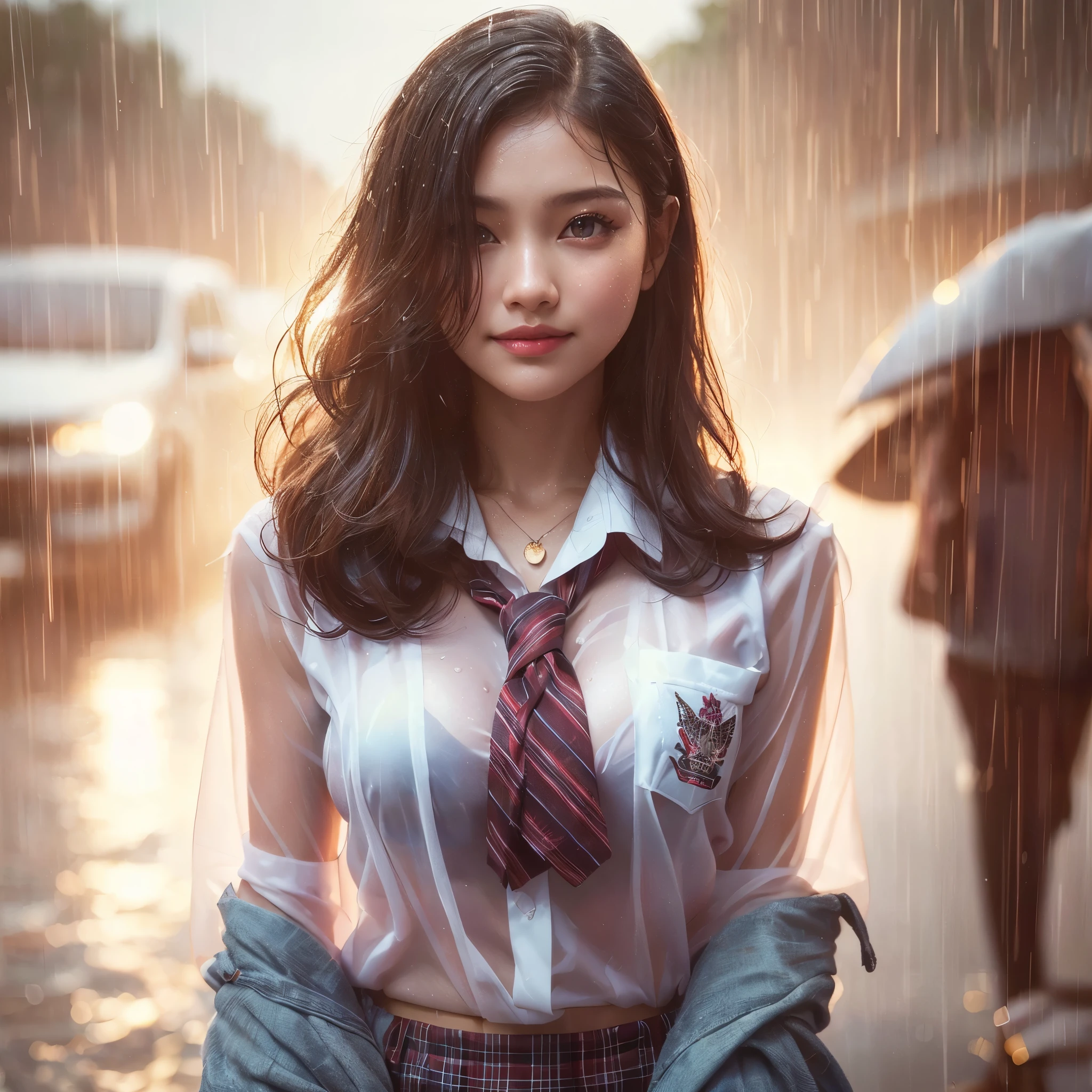 realistic art, there is a woman large breast in a indonesian school uniform standing in the rain, wet used shirt, pretty girl standing in the rain, after rain and no girls, raining, girl wearing uniform, in the rain, thai girl, raining award winning photo, school girl, just after rain, raining!, at evening during rain, wet from rain, rainy wet, raining portrait, beautiful and smiling, masterpiece, best quality:1.2),,(8k,highres,RAW photo,realistic,photo-realistic:1.3),(detailed skin texture,detailed cloth texture,beautiful detailed face:1.25),professional lighting,photon mapping,beautiful soft light,radiosity,physically-based rendering,raytracing, model shoot style, model shoot style, (extremely detailed CG unity 8k wallpaper), full shot body photo of the most beautiful artwork in the world, (((nsfw))), (((nude))), (((completely naked))), (((nipples)))