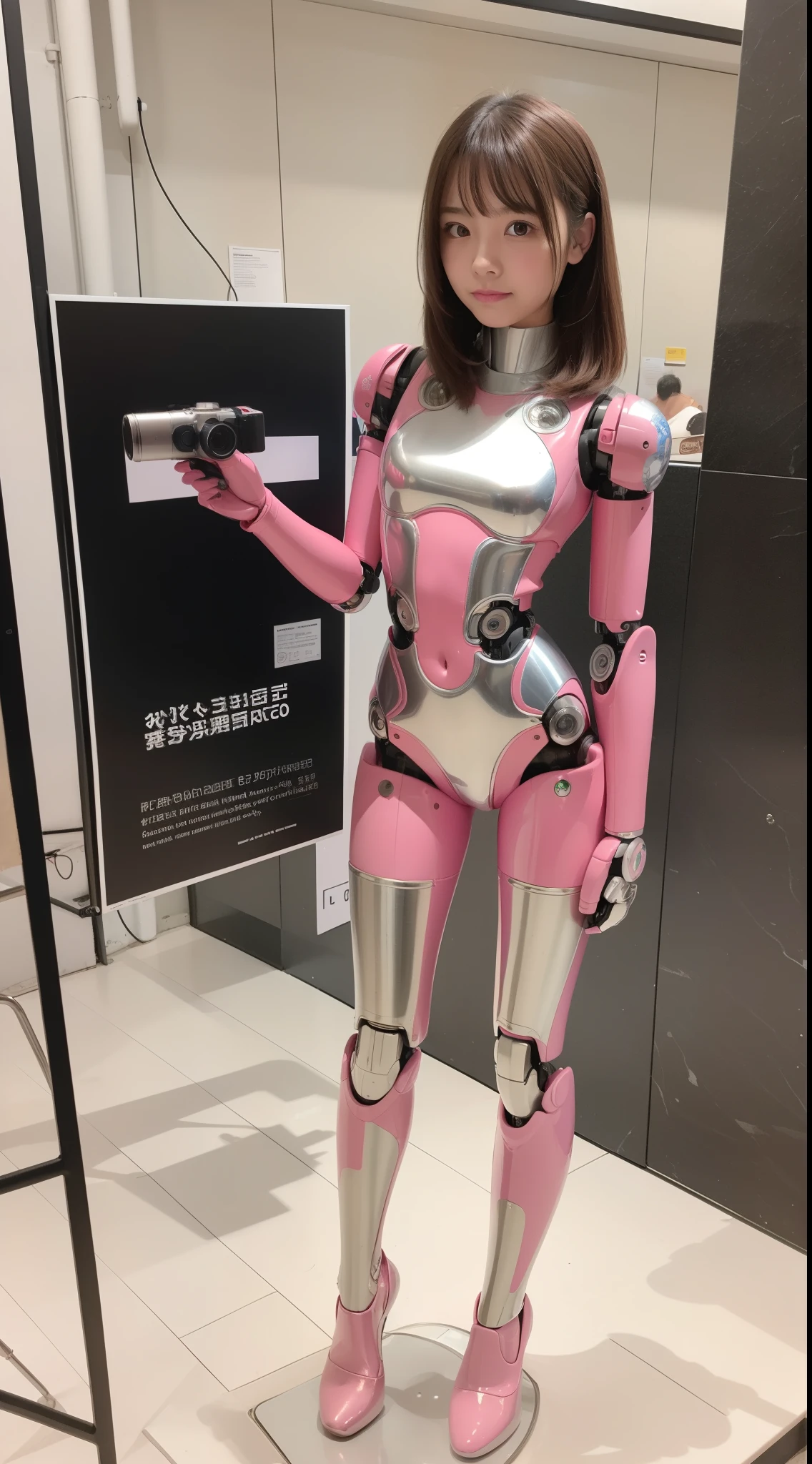 Robot Girl, pink there, Silver, Metallic body, Robot Parts, Metal Parts, Super Detailed Face, Super well-formed face, of the highest quality, a small face, a small head, Brown hair, Slender body, Camera gaze, Internal Mechanical Exposure, Idol, front facing, Well-proportioned body, sale, exhibition, Event Hall, Moe Pose, Standing with legs open, Model body type, sad, Embarrassing,(Perfect Robot Girl),(Perfect machine body)