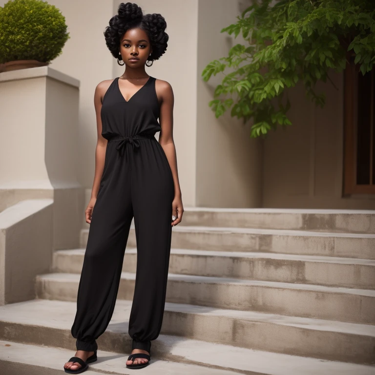 melanin girl standing by steps with bantu knots hairstyle wearing black jumpsuit outdoors