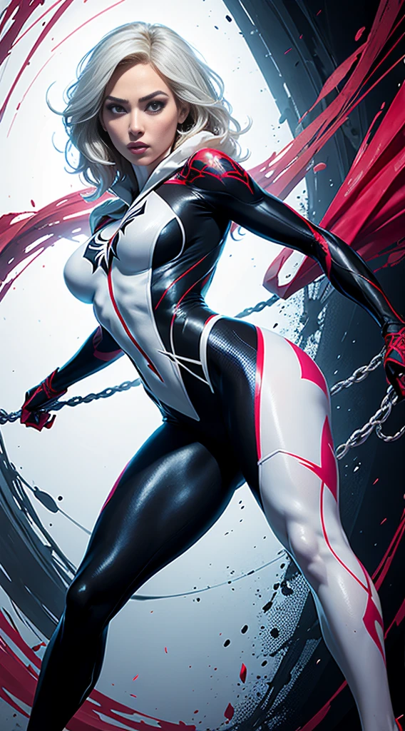 spider gwen, Hot, partial , hightquality, Dynamic Poses, Beautiful, Gorgeous, In love,Short suit, spider in a suit, white black red suit、jennifer lopez
