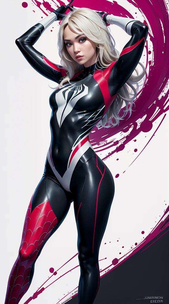 spider gwen, Hot, partial , hightquality, Dynamic Poses, Beautiful, Gorgeous, In love,Short suit, spider in a suit, white black red suit、jennifer lopez