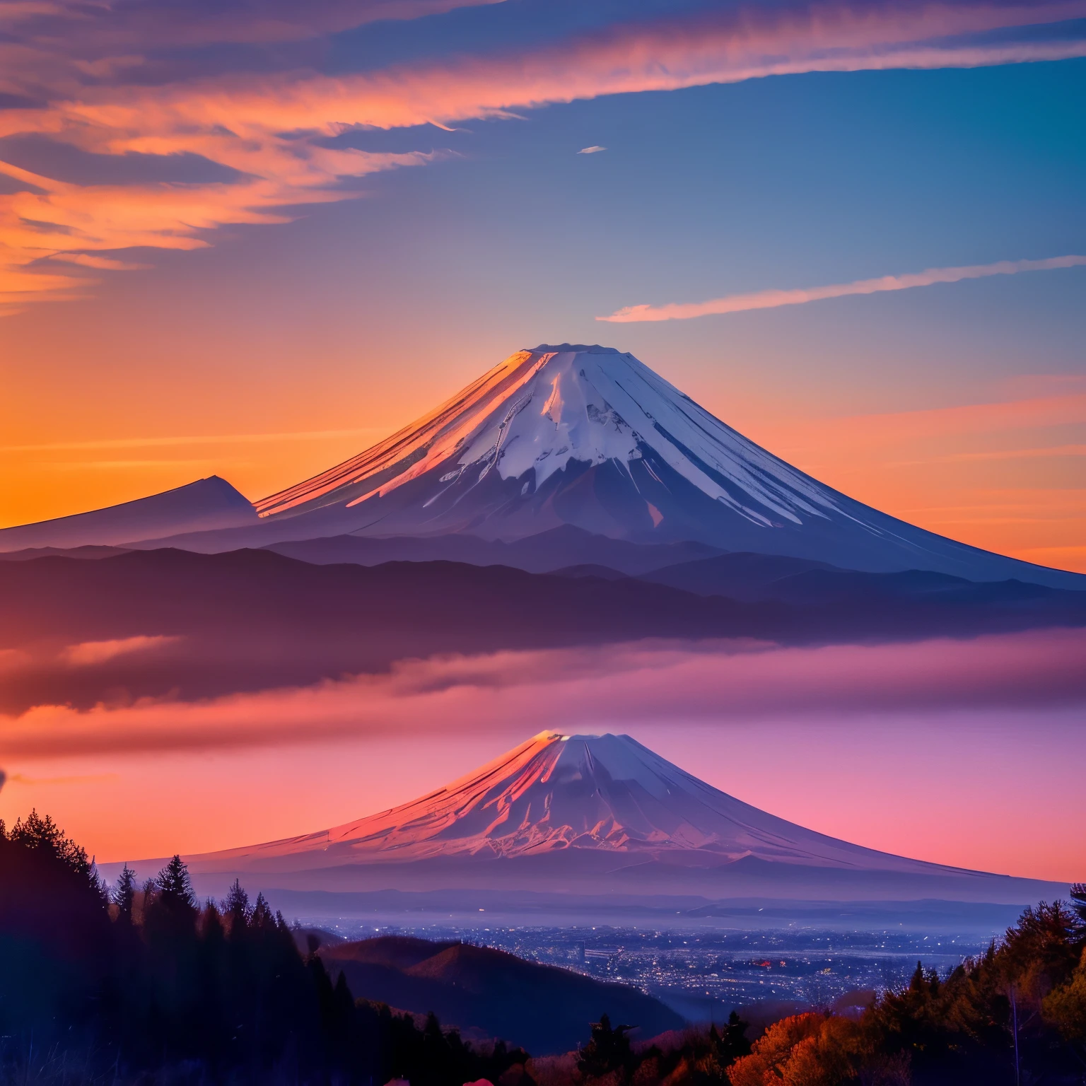 A bird's-eye view of Mount Fuji as the sun rises on New Year's Day, with the vast natural scenery of the Sea of ​​Trees spreading out below.