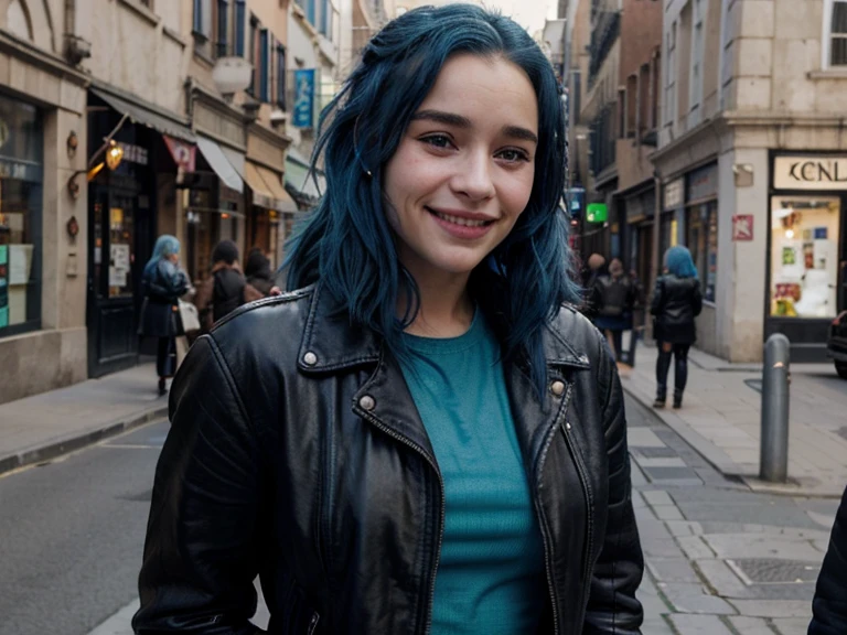 Please create an image of a 21 years old smiling woman on the streets with blue hair in a black leather jacket and make her face look like Emilia Clarke