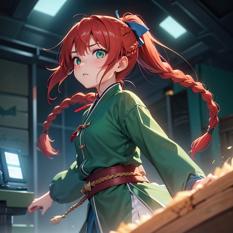 anime, hda, a close up of a woman with ((red braided low ponytail hair)) and (((the most beautiful green eyes))) in (((blue outfit))), (((determined)), 8k, Unreal Engine 5, octane render, by kyun, gamang, Yoon Gon-Ji, g.ho, gosonjak, shuroop, serious, domi, noah, trending on pixiv, fanbox, skeb, masterpiece, detailed face, smooth soft skin, big dreamy eyes, beautiful intricate colored hair, symmetrical, anime wide eyes, soft lighting, concept art, digital painting,