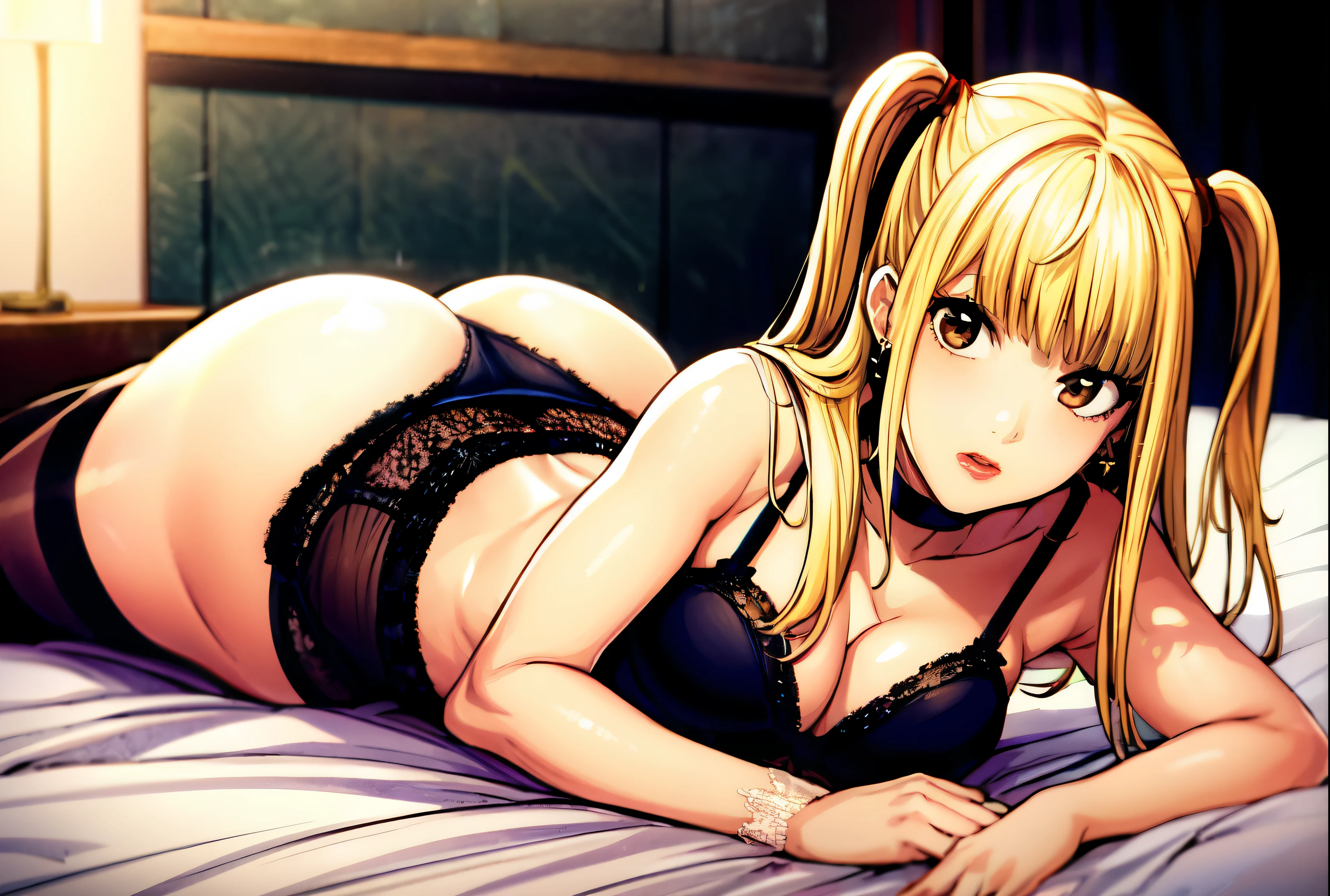 1girl, solo, beautifully detailed, MisaAmaneV2, long hair, jewelry, two side up, brown eyes, choker, (lipstick:0.5), cross, earrings, dress, makeup, blonde hair, black bra, black panties, medium breasts, cleavage, laying on stomach, breasts, ass, looking at viewer, bed, lingerie, stockings,