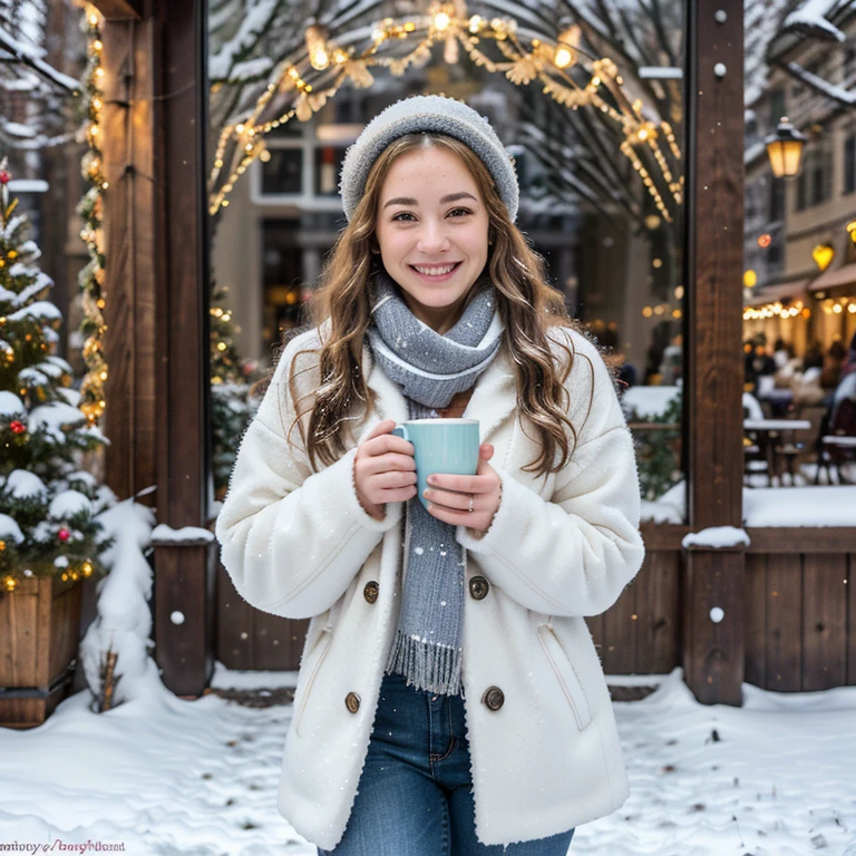 (best quality,4k,8k,highres,masterpiece:1.2),ultra-detailed,(realistic,photorealistic,photo-realistic:1.37),HDR,UHD,studio lighting,ultra-fine painting,sharp focus,physically-based rendering,extreme detail description,professional,vivid colors,bokeh,portrait,girl,winter,christmas town,blonde hair,white coat,tight jeans,hot coffee,cardboard mug,snowy street,lively atmosphere,decorative lights,snow-covered trees,sparkling snowflakes,twinkling stars,cosy scarves,smiling eyes,rosy cheeks,curly eyelashes,pleasant expression,winter wonderland,magical ambience,wonderful season,festive spirit,endless joy,peaceful walk,tiny snowflakes in the hair,cheery smile,chilled air,golden afternoon light,magical town square,steaming breath,joyful anticipation,winter fashion,glimmering decorations,colorful wreaths,delightful aroma,crisp footsteps.