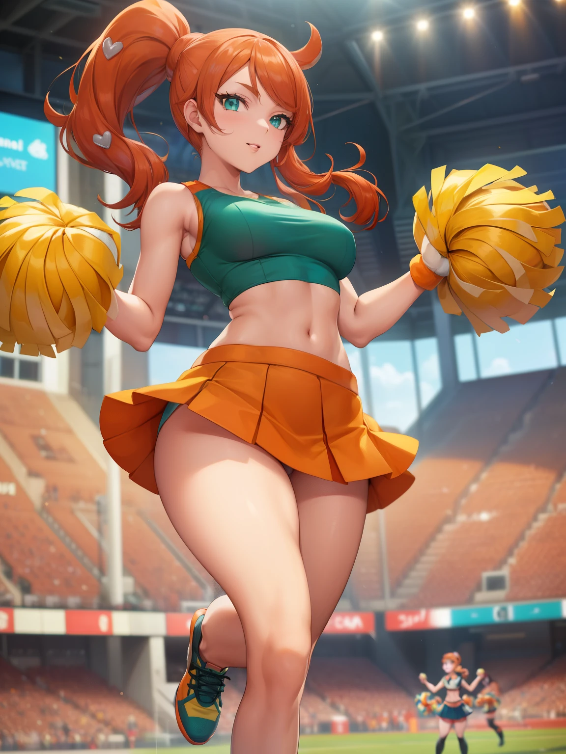 ((Sonia pokemon)), (masterpiece:1.2, best quality), realistic, (real picture, intricate details, depth of field), ((1girl:1.2)), parted lips, highly-detailed, gorgeous perfect face, (skindentation), tanned skin, thick thighs, (wide hips), average waist, tall, ((orange hairs)), sideways ponytail, hair ornaments, beautiful green eyes, looking at viewer, confident smile, toned body, rugby field, ((cheerleader outfit)), short skirt, sleeveless croptop, midriff, bare arms, large breasts, ((full body)), (bare legs), mini skirt, orange skirt, thick