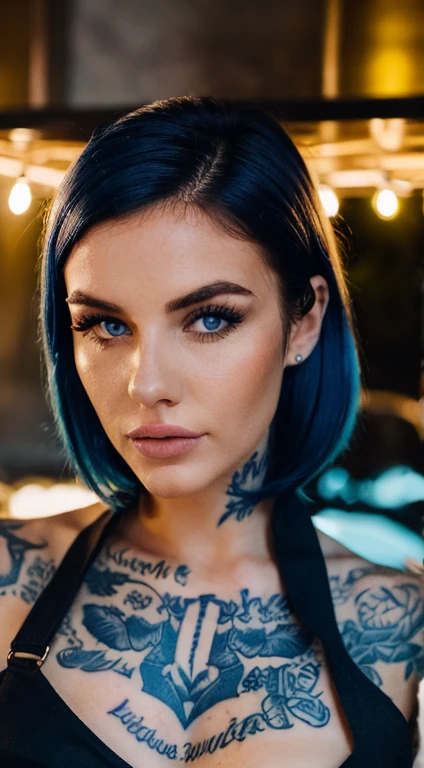 Woman with very white skin, dark blue hair, dark blue eyes and with a lot of dark blue tattooes that look like the decorations of Dutch dishes