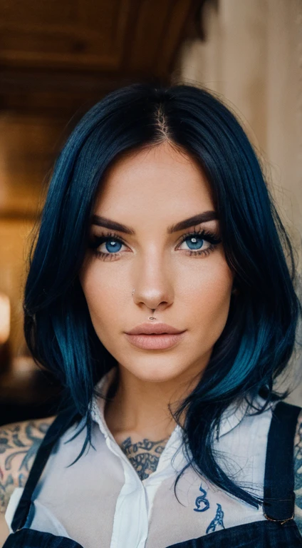 Woman with very white skin, dark blue hair, dark blue eyes and with a lot of dark blue tattooes that look like the decorations of Dutch dishes