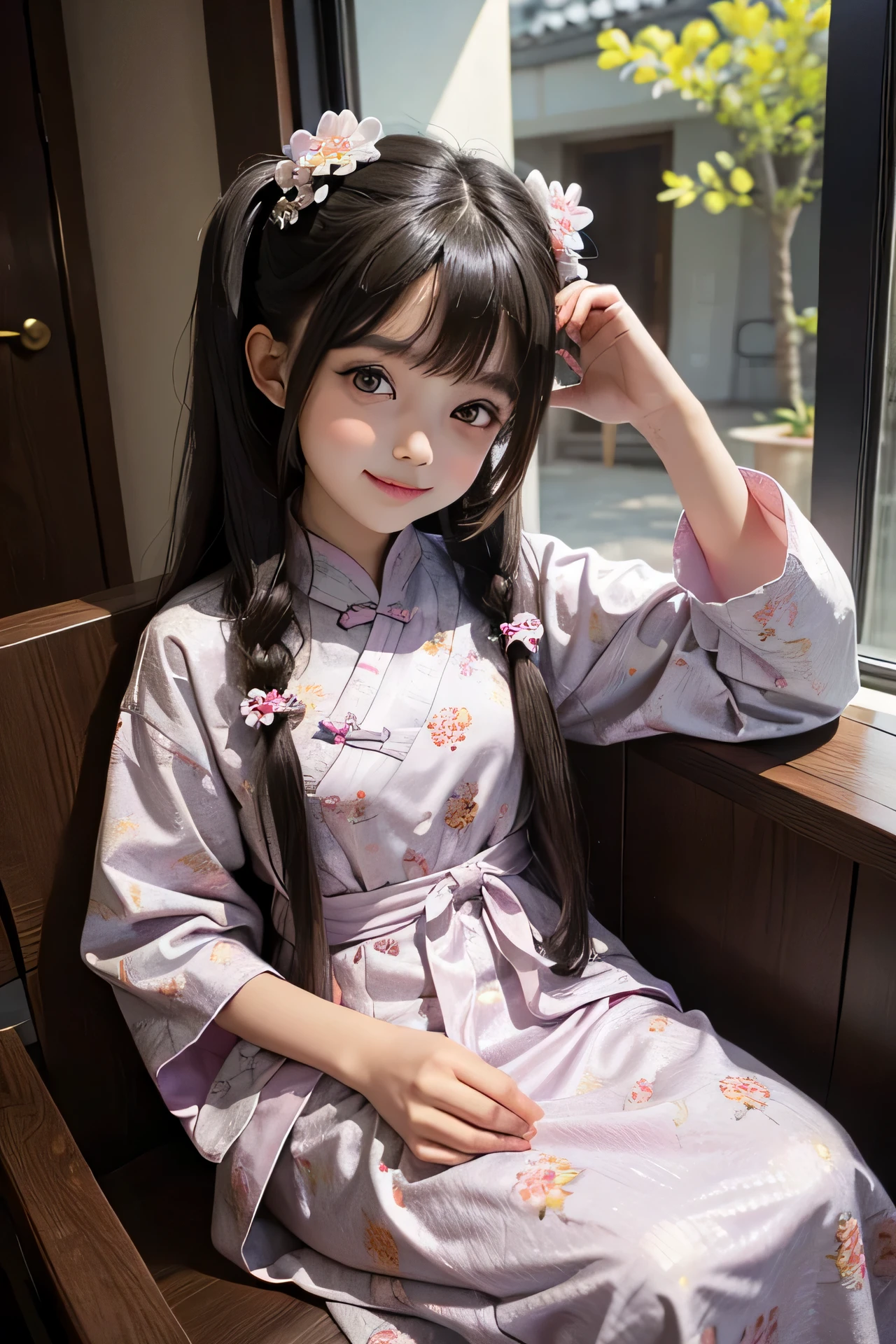 1 , lily, twintails, brunette color hair, By bangs, casual chinese dress, flower, 9-year-old female model, Princess, Smile,