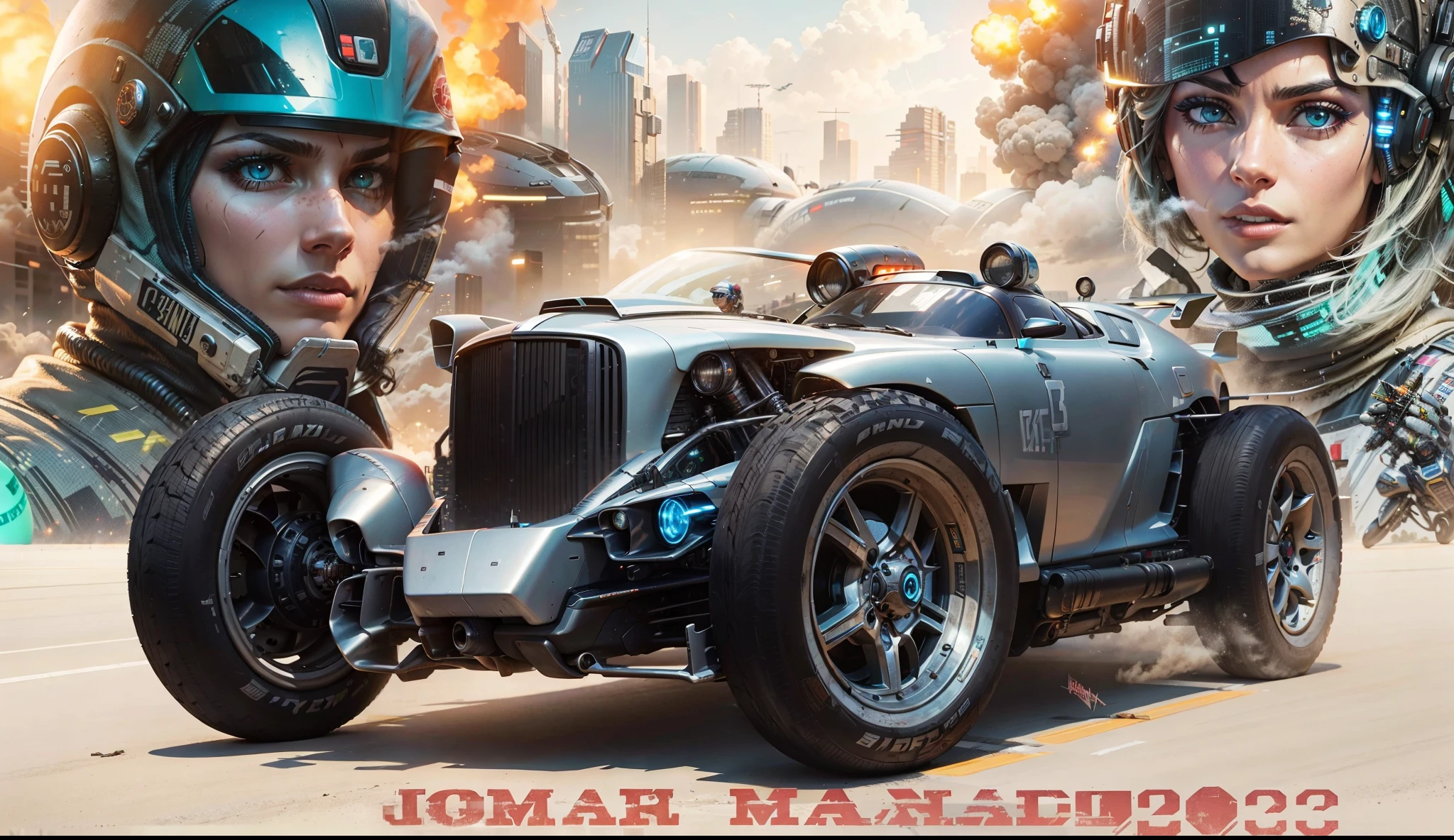 A race car armed with Cyberpunk missiles in the foreground, in the back there is a cyberpunk pilot with a cyberpunk outfit and on the other side a beautiful cyberpunk pilot with cyberpunk clothes in the background a lively and busy Cyberpunk city