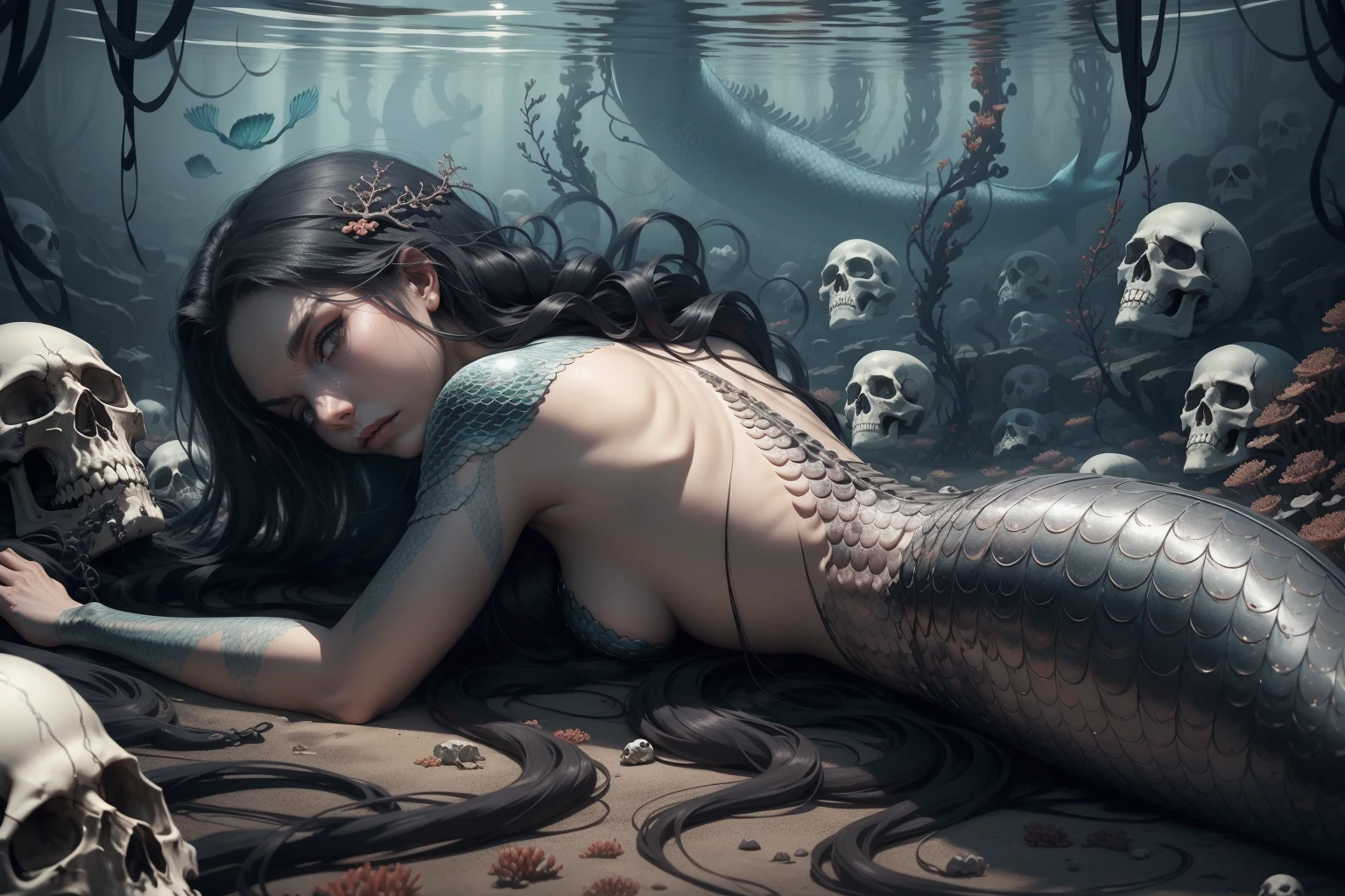 {-erro_de_anatomia:1.0}  woman 30 years old, underwater, skeleton, corpse,Under the sea, where coral tendrils and vines abound, a woman (mermaid), long black hair looks at you amidst a pile of bones and skulls.Indifferent look , merciless. Lying among the skulls. With his face resting on his own shoulder, looking back.