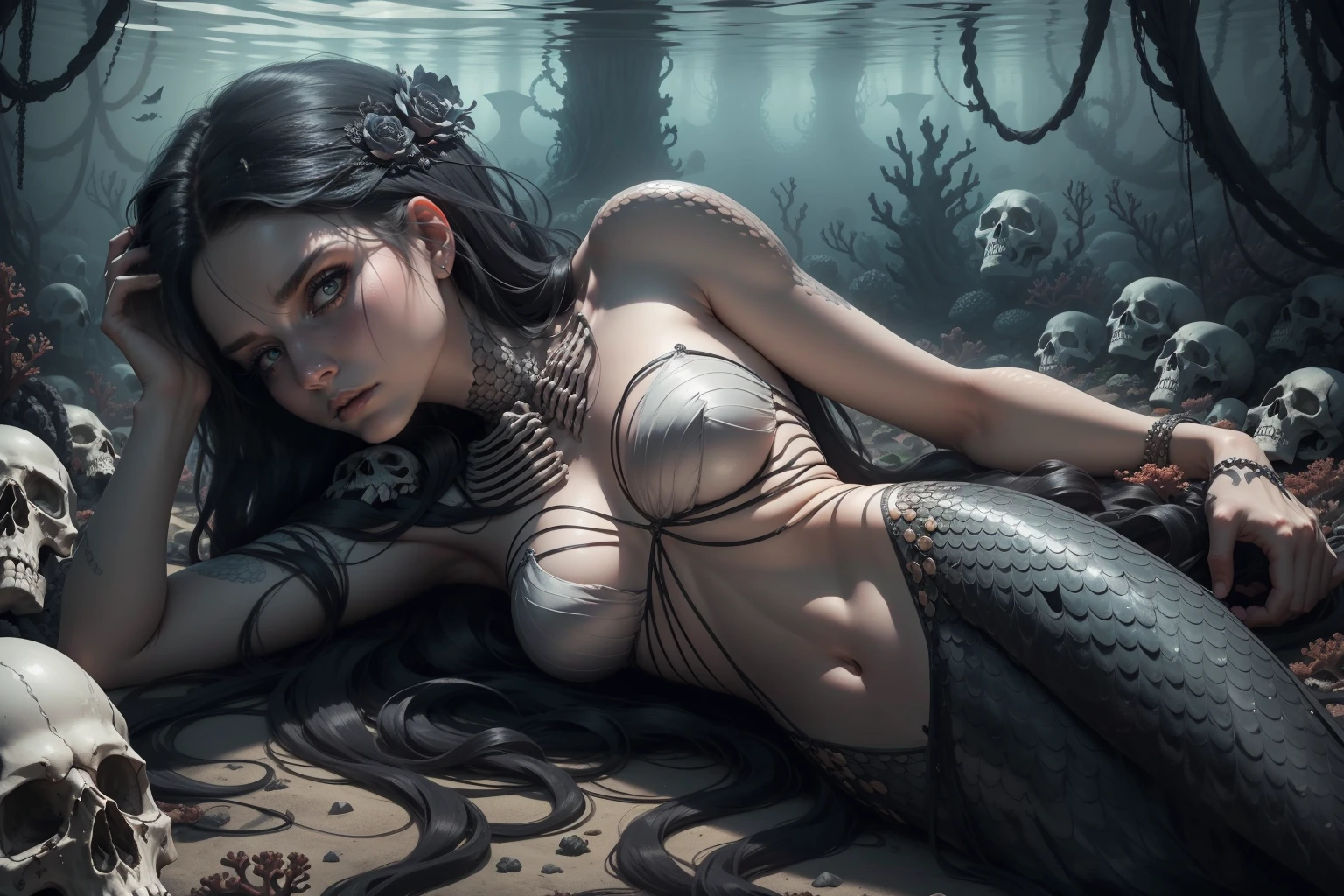{-erro_de_anatomia:1.0} woman 30 years old, underwater, skeleton, corpse,Under the sea, where coral tendrils and vines abound, a woman (mermaid), long black hair looks at you amidst a pile of bones and skulls.Indifferent look , merciless. Lying among the skulls. With his face resting on his own shoulder, looking back.