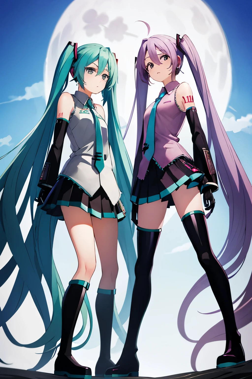 masutepiece, Best Quality, 1girl in, (Medusa),Purple hair, (black eyes:1.2),((Hatsune Miku's Costume))、((a miniskirt))、((embarassed expression))、((fullmoon))、((Photo from below))、((thigh high boots))、((Long))、((White Long Gloves))、