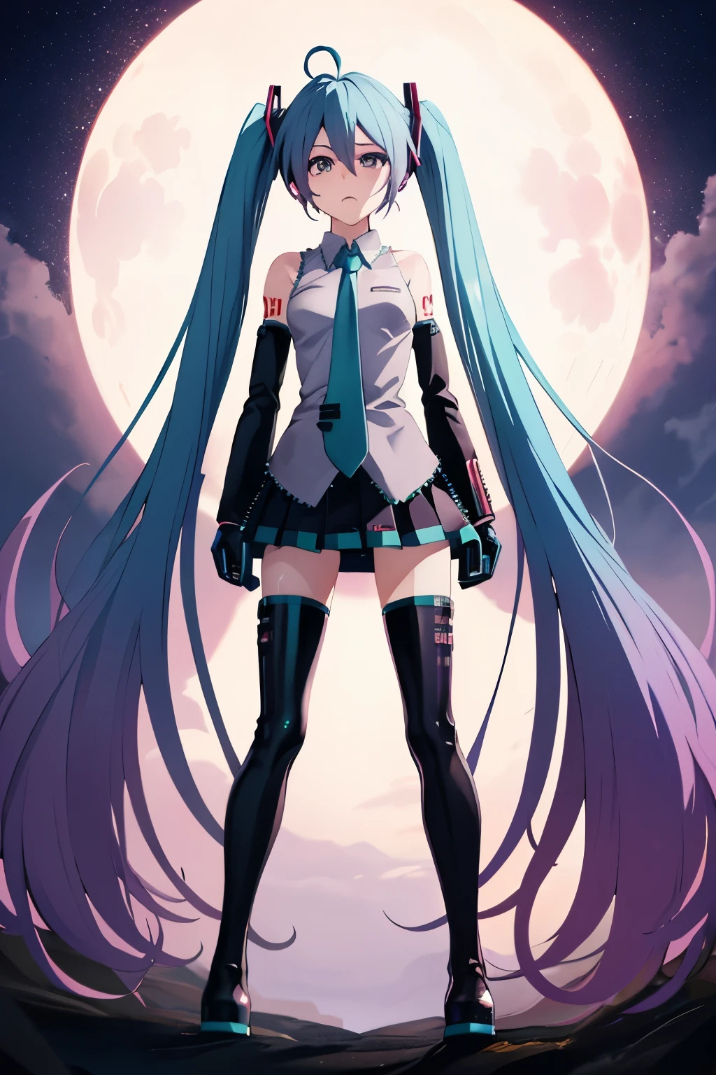 masutepiece, Best Quality, 1girl in, (Medusa),Purple hair, (black eyes:1.2),((Hatsune Miku's Costume))、((a miniskirt))、((embarassed expression))、((fullmoon))、((Photo from below))、((thigh high boots))、((Long))、((White Long Gloves))、