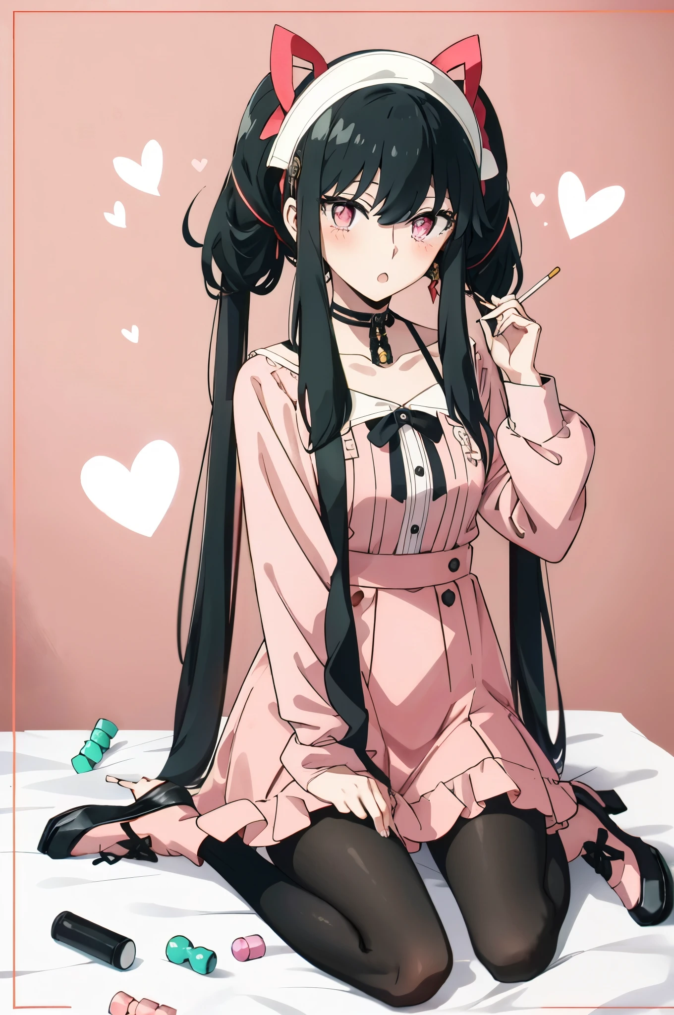 masterpiece, best quality, (jirai_kei),1girl, solo, long_hair, looking_at_viewer, shirt, black_hair, long_sleeves, bow, ribbon, twintails, sitting, monochrome, hair_bow, heart, pantyhose, frills, food, shoes, choker, blunt_bangs, black_skirt, pink_eyes, stuffed_toy, pink_background, stuffed_animal, frilled_skirt, pink_bow, (fishnets), candy, bandaid, pink_shirt, teddy_bear, lollipop, (fishnet_pantyhose), platform_footwear, pink_theme, pill, heart-shaped pupils,