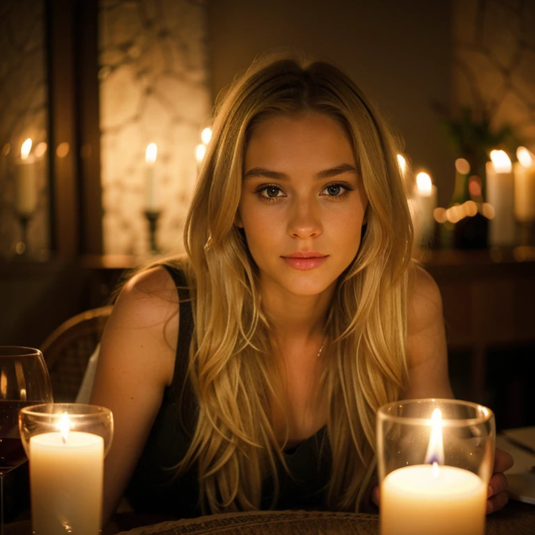 beautiful young girl, long blonde hair, looking at viewer, photorealism dining by candlelight, glass of wine on the table