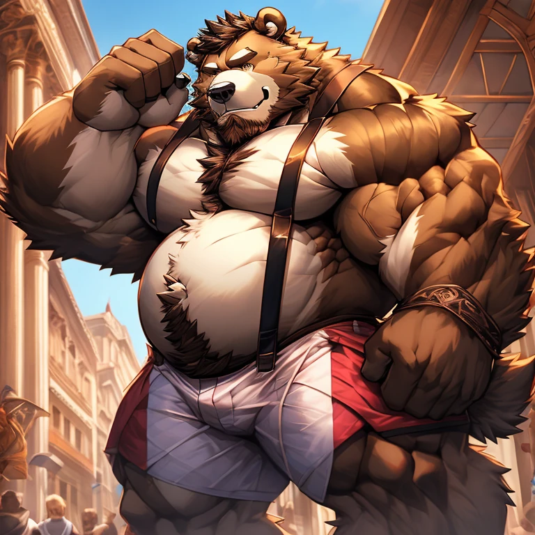 A man\shaggy\brown bear/One guy， brown bear的脸\male people\Bearded\（（Fluffy white beard））\Black colored eyes， Coffee-colored hair\extra very short hair， 
1名成熟male people， 肌肉发达的male people身体屏幕））， 独奏， hairy， Thigh thick， Hairy thighs， Thick arms， Hair on the arm， large pecs， There are hairs on the pectoral muscles， Pink ， beer belly， There is hair on the stomach， Single screen， Full screen， human - shaped\Brumbeman\Brown fur，brown bear的脸\male people\Bearded\Black colored eyes， Coffee-colored hair\extra very short hair，（（muscle men）），  Coffee-colored hair\extra very short hair， 
Feet exposed\Theropods\immensity， hands exposed\Bear paws\immensity， Upper body exposed\beer belly\fluffy， 
Half-topless\Men&#39;s suspender smile，  
Intricate fur details，Iris detailing， Pupil details， eyes reflection， ultra-wide-angle， in a panoramic view， ray traycing， ， hyper realisitc， high detal， 16k， super detailing，  Textured fur， Anatomical correct， tmasterpiece， hyper HD， retinas，  reference sheet ，tmasterpiece， highest  quality， 最high detal， high-definition picture quality， Color correction， fluorescence， Stylish gray， 
（（（white backgrounid））），