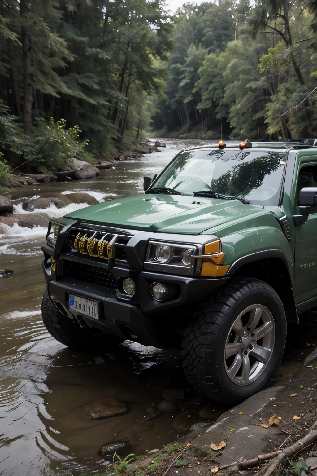 Hummer green to remote control in the forest river