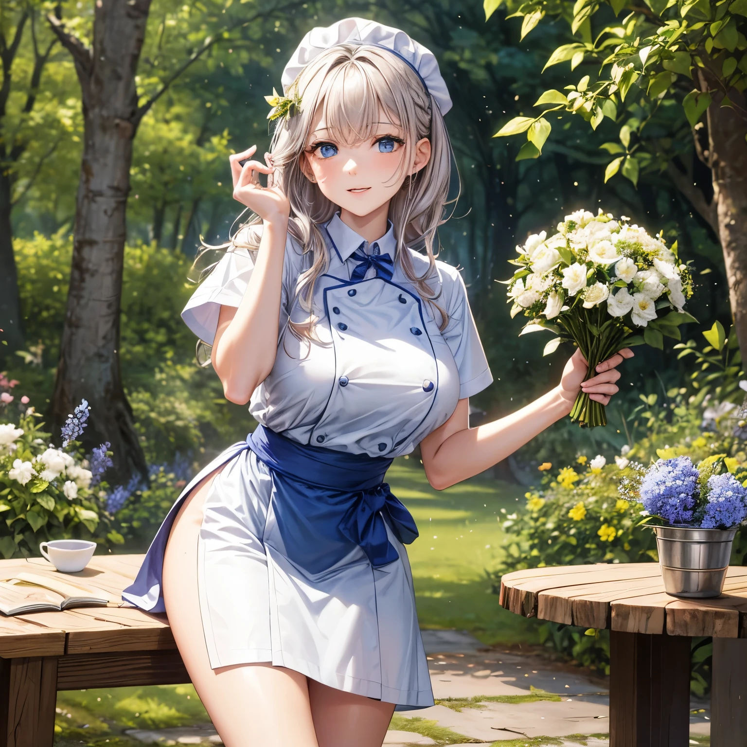 Chef d'oeuvre, réaliste, magnifique jeune fille, 18ans, en forêt, vêtements de feuilles et de fleurs, cheveux longs, peau claire, yeux bleus pâles