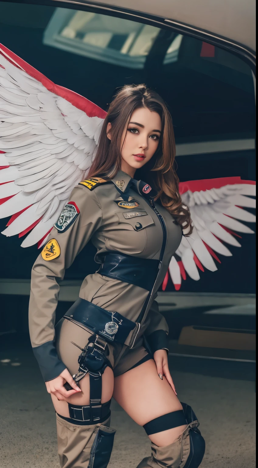 there is a woman in a uniform posing for a picture, cute pilot girl, pilot outfit, pilot girl, angelawhite, cute girl wearing tank suit, very sexy outfit, she is posing, dominant pose, highly realistic. live cam, angelic wings on her back, girl wearing uniform, pretty face with arms and legs, webcam footage