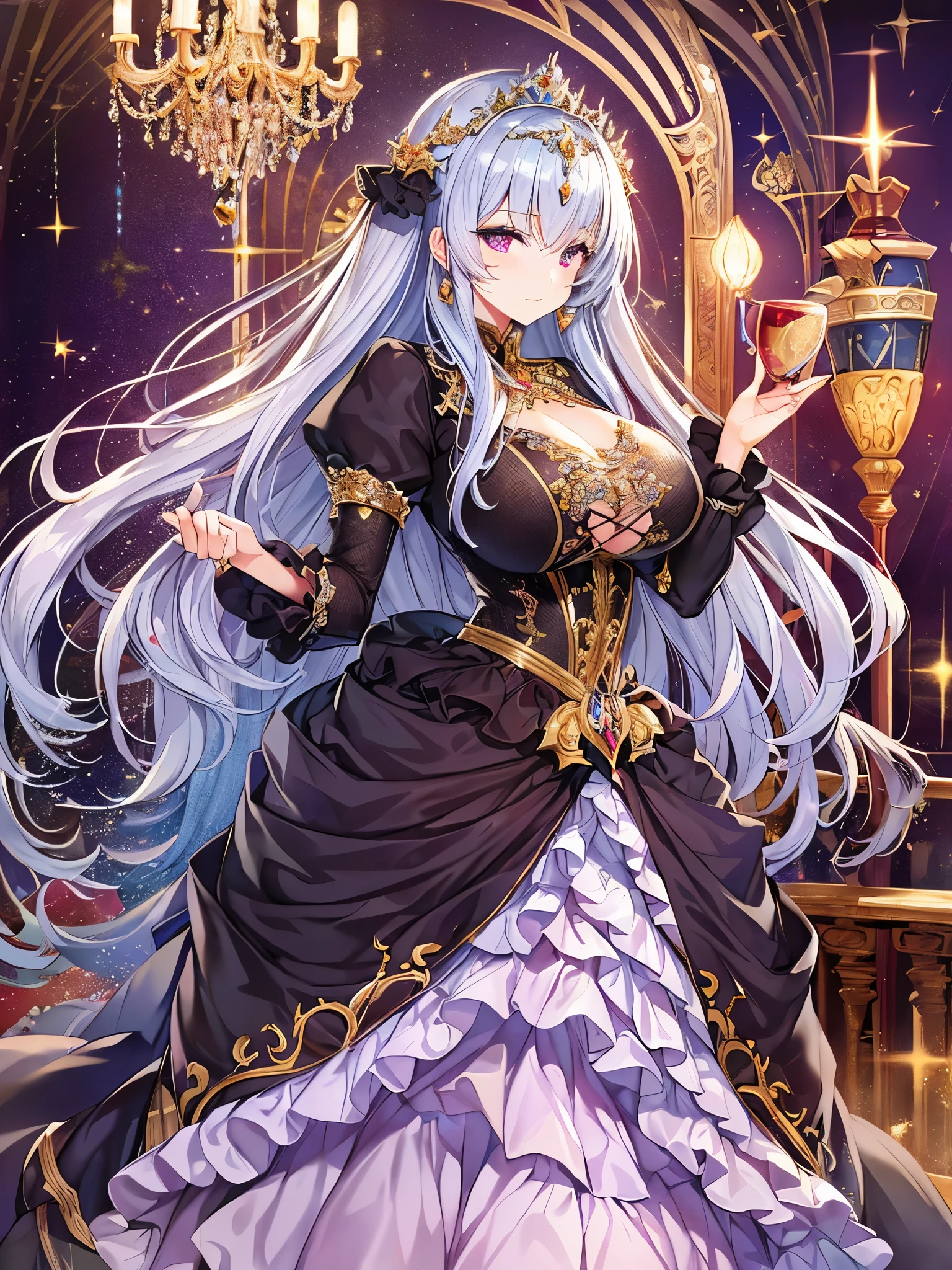 ((anime artstyle)),(Masterpiece),(Best Quality), (Super Detail),((Very Delicate and Beautiful)),(((Solo))),((full body)),(((1 princess in beautiful embroidery and glitter jeweled gorgeous princess rococo ballgown with voluminous full length hoop skirt))),((crinoline,Long train)),((bling-bling)),(gorgeousfull embroidery and lace),(gorgeous gemstone jewelry),detailed face and eyes,jewel-like eyes,((extremely voluminous straight Hair,Very Long Straight Hair)),(((gigantic boobs))),cleavage,gorgeousfull hair ornament,((gorgeousfull glitter jeweled tiara)),throne room,(standing in castle),luxury palace,Dynamic Angle,Looking at viewer,((beautiful embroidery and glitter jeweled gorgeous princess rococo ballgown with voluminous full length hoop skirt))