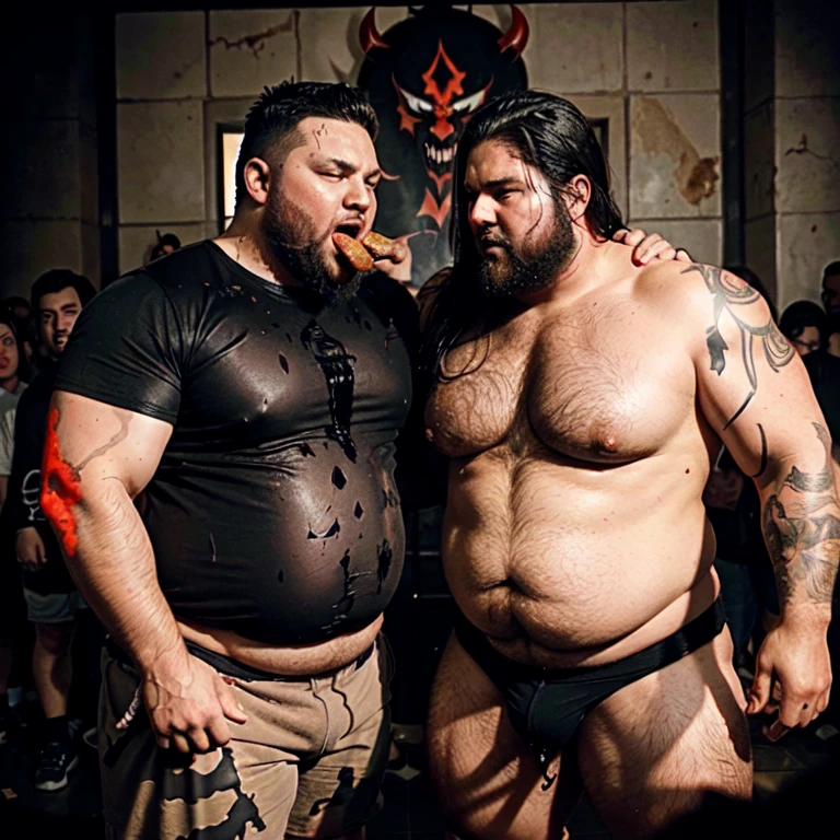 Fat male Demon from hell, red skin with black hair. super obese. Bro douche bag like aesthetic. No muscles. somewhat clothed with short, small, tight clothing. Hyper Drastic transformation. Masculine as all hell. Extra big body. Super hairy. Full body shot. Eating lots of food. Messy and Slobbish. Two demons feeding eachother