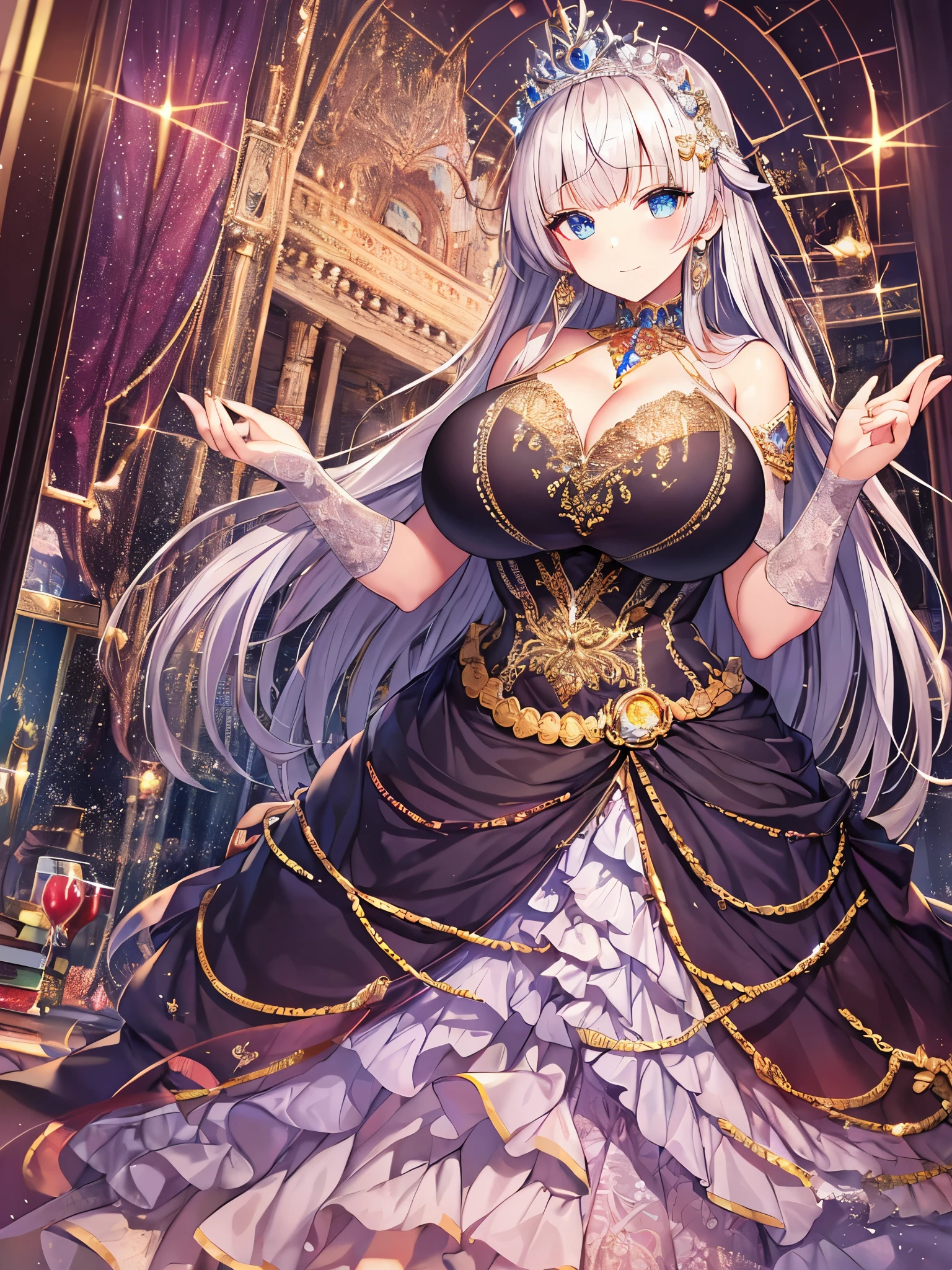 ((anime artstyle)),(Masterpiece),(Best Quality), (Super Detail),((Very Delicate and Beautiful)),(((Solo))),((full body)),(((1 princess in beautiful embroidery and glitter jeweled gorgeous princess rococo ballgown with voluminous full length hoop skirt))),((crinoline,Long train)),((bling-bling)),(gorgeousfull embroidery and lace),(gorgeous gemstone jewelry),detailed face and eyes,jewel-like eyes,((extremely voluminous straight Hair,Very Long Straight Hair)),(((gigantic boobs))),cleavage,gorgeousfull hair ornament,((gorgeousfull glitter jeweled tiara)),throne room,(standing in castle),luxury palace,Dynamic Angle,Looking at viewer,((beautiful embroidery and glitter jeweled gorgeous princess rococo ballgown with voluminous full length hoop skirt))