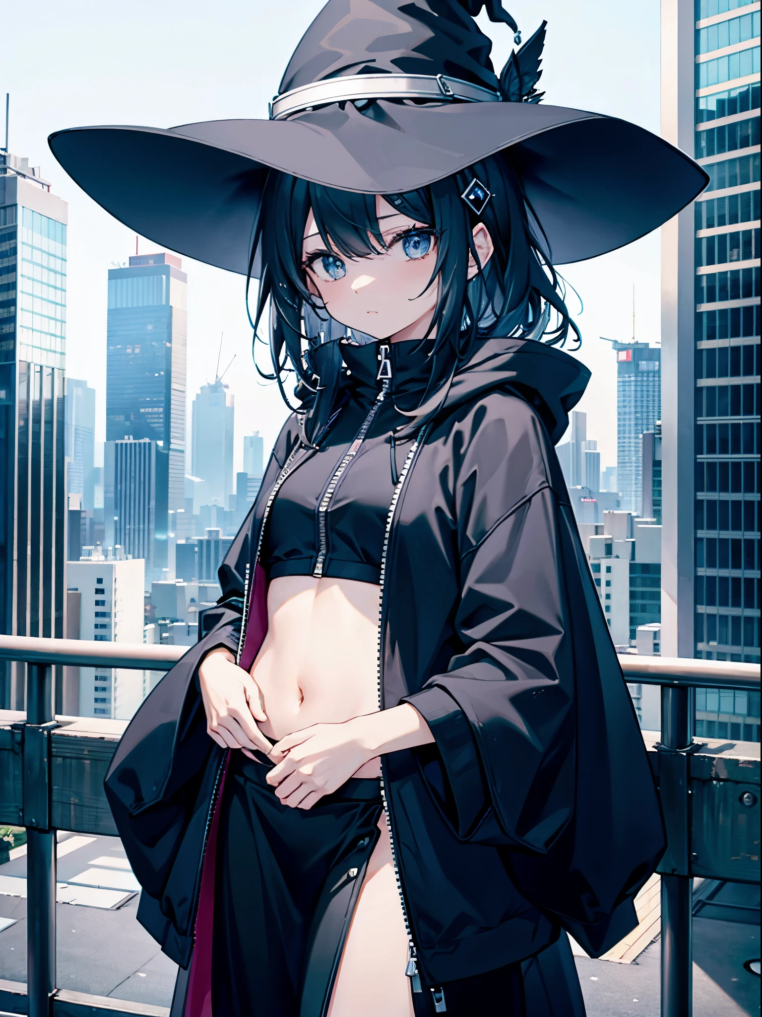 A girl stands on the rooftop of a high-rise building with a panoramic view of late-night Tokyo below.、She has a short bob with a white lob of hair and wears a large black witch hat with sapphire jewelry.、A high school student wearing a navy blue bikini-type swimsuit with a white ribbon、She wears a large witch's hat with a small sapphire accessory、A few star creams、Beautiful starry sky、Beautiful night view、large witch's hat 、Navy blue bikini pants that dig into your stomach、Small breasts、Small breasts、Navy blue swimsuit top with white frills、I see my stomach、The area around the stomach is bare skin.、Belly button、Halterneck bikini、She is wearing hot pants