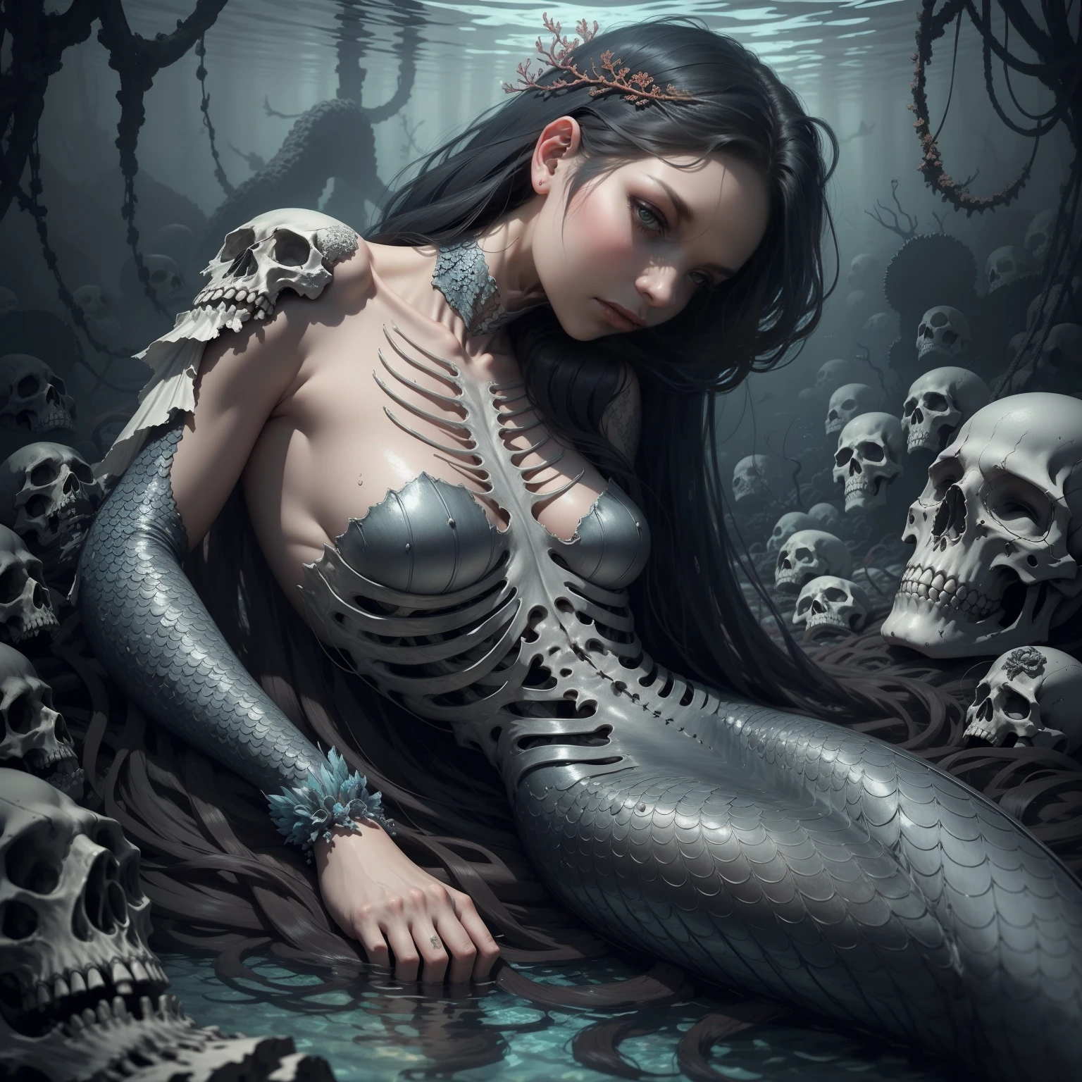 {-erro_de_anatomia:1.0}  woman 30 years old, underwater, skeleton, corpse,Under the sea, where coral tendrils and vines abound, a woman (mermaid), long black hair looks at you amidst a pile of bones and skulls.Indifferent look , merciless. Lying among the skulls. With his face resting on his own shoulder, backwards, looking back.