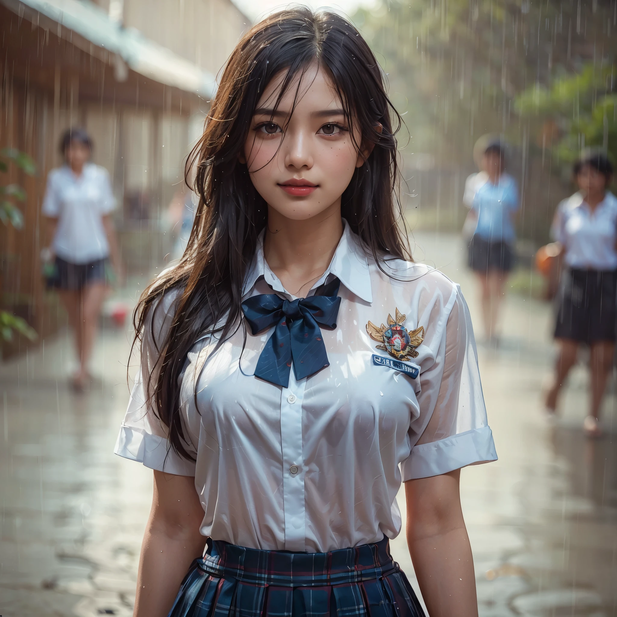 realistic art, there is a woman large breast in a indonesian school uniform standing in the rain, wet used shirt, pretty girl standing in the rain, after rain and no girls, raining, girl wearing uniform, in the rain, thai girl, raining award winning photo, school girl, just after rain, raining!, at evening during rain, wet from rain, rainy wet, raining portrait, beautiful and smiling, masterpiece, best quality:1.2),,(8k,highres,RAW photo,realistic,photo-realistic:1.3),(detailed skin texture,detailed cloth texture,beautiful detailed face:1.25),professional lighting,photon mapping,beautiful soft light,radiosity,physically-based rendering,raytracing, model shoot style, model shoot style, (extremely detailed CG unity 8k wallpaper), full shot body photo of the most beautiful artwork in the world, (((nsfw))), (((nude))), (((completely naked))), (((nipples)))