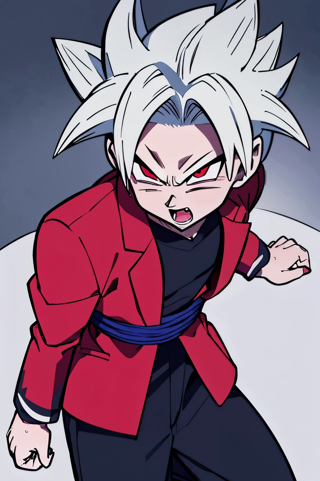 A generic character, Dragon ball Super Style, Full HD, Obra Prima de desenho estilo dragon ball super, homem vampiro, white skin, olhos vermelhos, black jacket, red buttons, cabelo espetado Branco, strong vampire, full power, energi ki, confident confident face, Angry, 8K, Imagem perfeita, 4K, HD