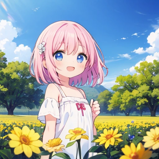 girl,happy,blue yellow pink white,flower,sky,