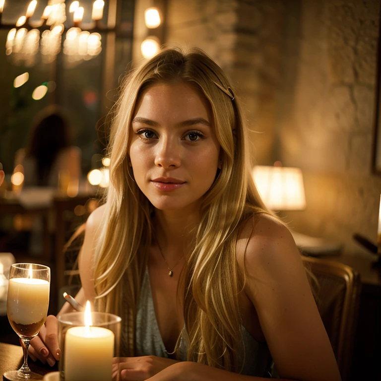 beautiful young girl, long blonde hair, looking at viewer, photorealism dining by candlelight, glass of wine on the table