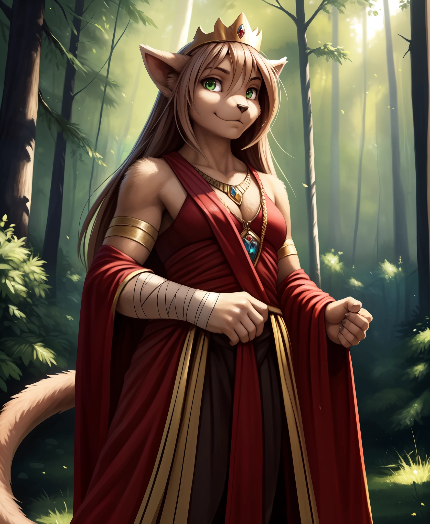 by kenket, by totesfleisch8, (by thebigslick, by silverfox5213:0.8), (by syuro:0.2),, king-adelaide, twokids, (best quality, masterpiece:1), solo, furry female anthro, green eyes, arm wraps, long hair, light brown hair, portrait, fingers, finger claws, looking at viewer, feline tail, strong, muscular, crown, (outdoors dark forest trees blurry blurred background:1.1)