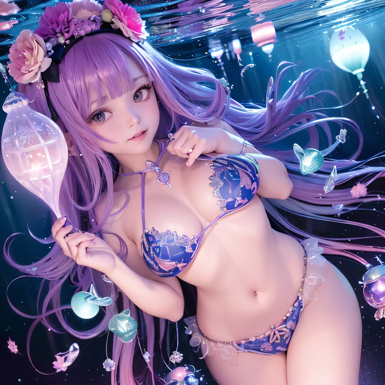 The upper part of the body、one girls、I have dark blue hair color、Two-tone、(Pink Highlight Hair、curlyhair/floral hair band、very Bigger breasts、Lace Bikini(sparkling jewel design)Glittering jewel lace ornaments on the body、Countless glowing spheres float、Glowing soap bubbles、shining chandelier、underwater where fish swim、Glowing jellyfish、Looking at the camera